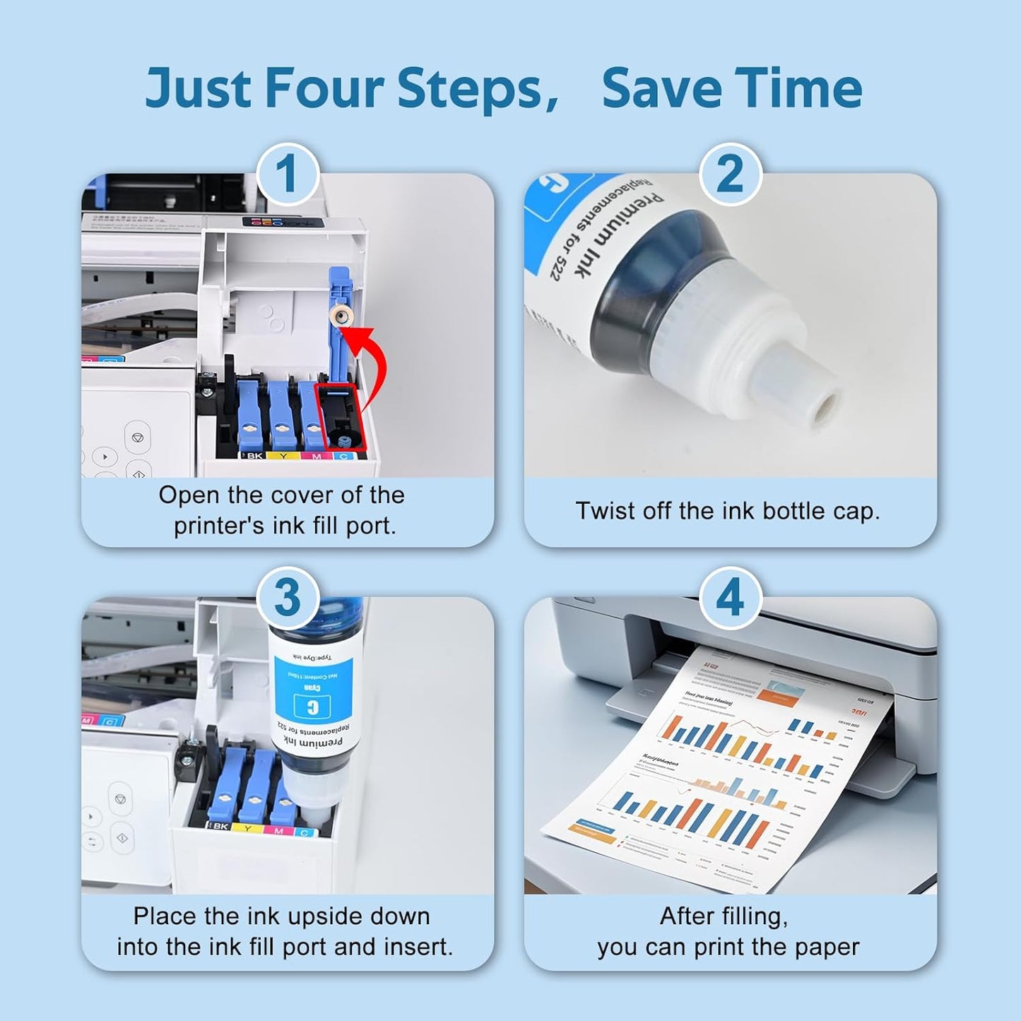 522 High Capacity Ink Refill Bottle Combo Pack Compatible for Epson 522 Ink Works with EcoTank ET-2400, ET-2720, ET-2800, ET-2803, ET-2840, ET-4700, ET-4800, ET-4810 Printer (4 Pack,70ML)