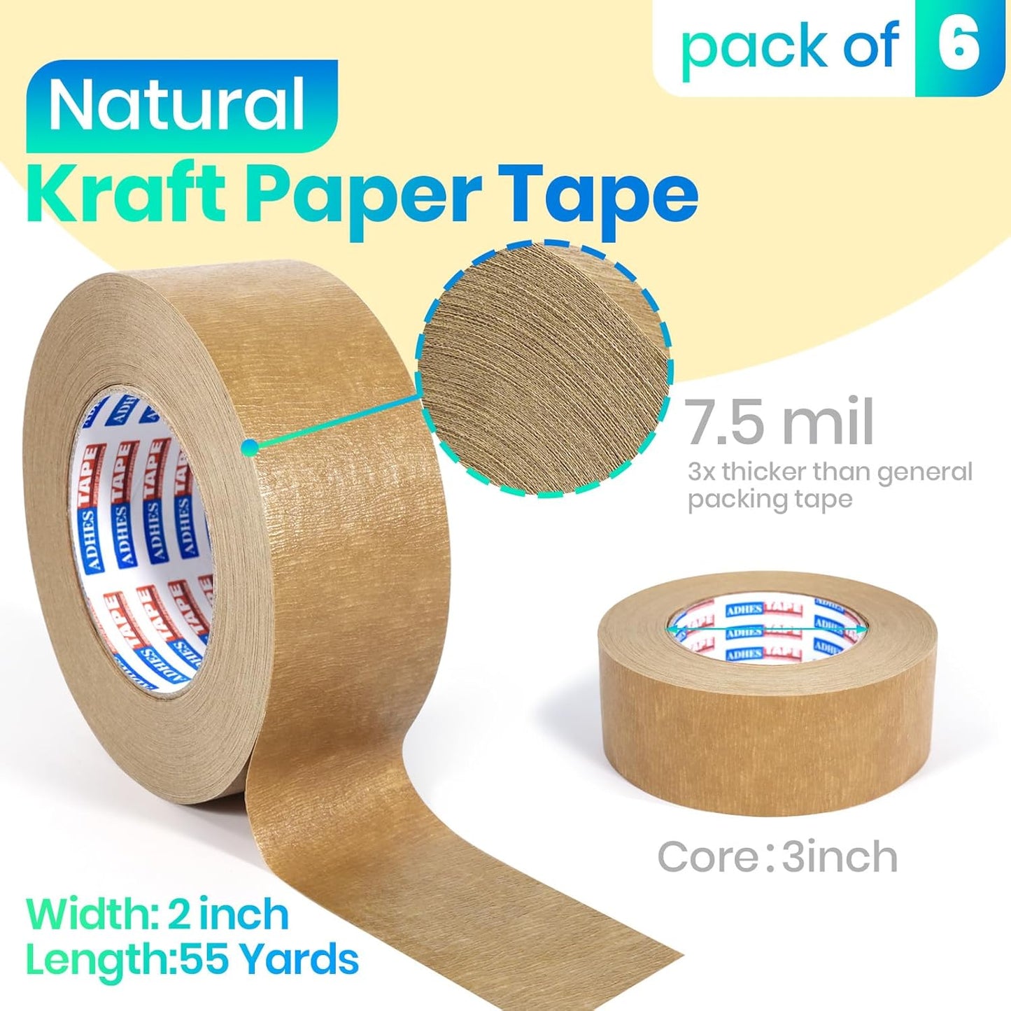 ADHES Premium Kraft Paper Tape, 7.5mil, 2 Inch x 55 Yards x 6 Rolls, Biodegradable Paper Packing Tape Writable & Uncoated Heavy Duty Brown Packing Tape for Shipping, Moving, Sealing