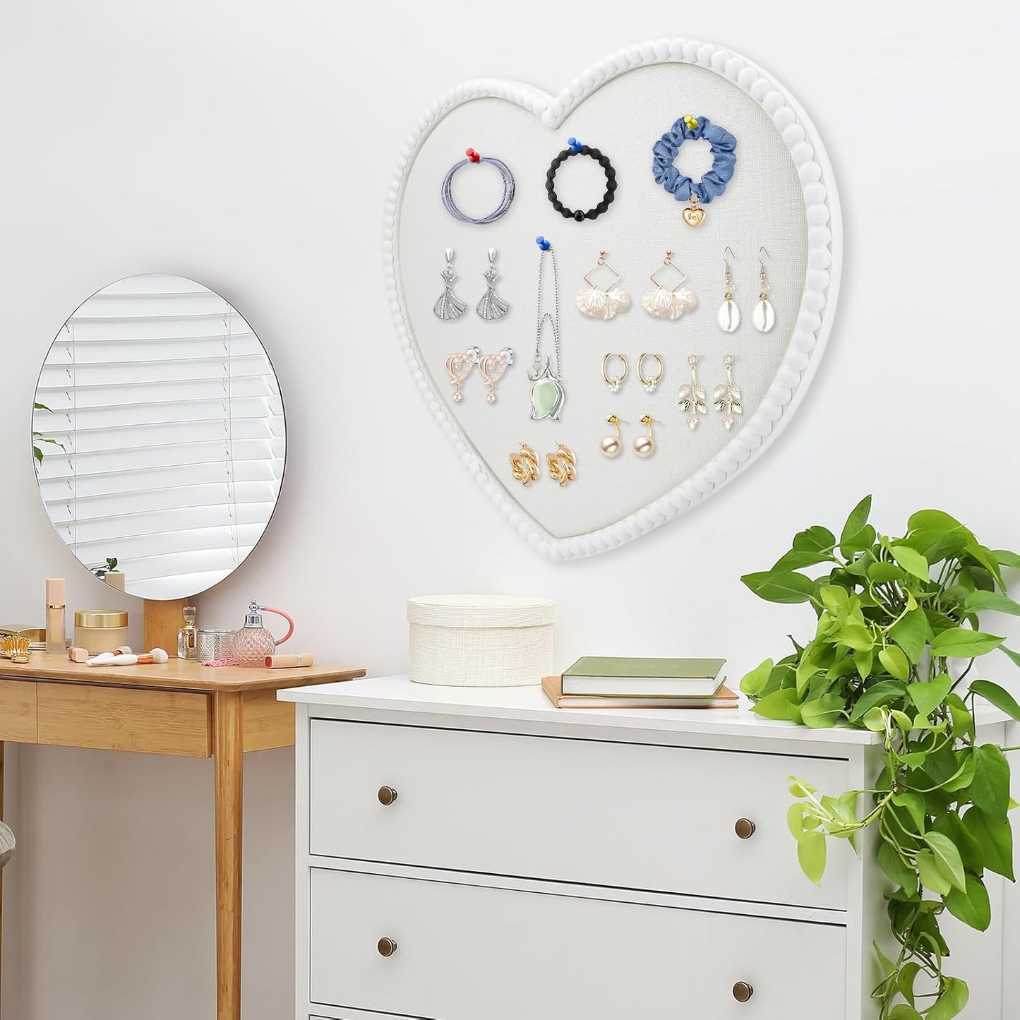 Large Heart Cork Bulletin Board with Linen, 24x19 Inch White Wood Frame Cute Picture Pin Board, Decorative Vision Board for Home Office, Study, Bedroom and Dormitory