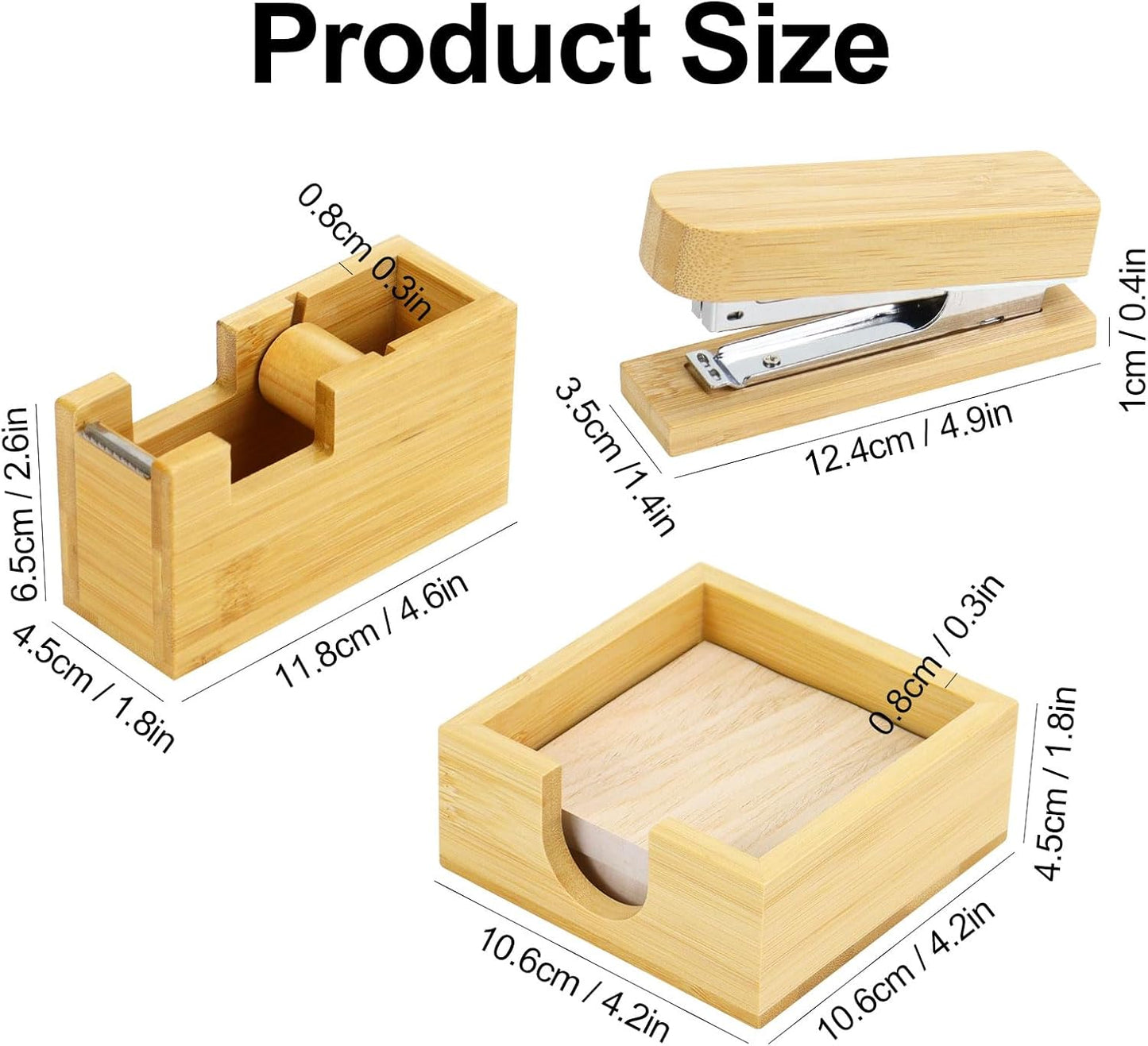 Buqoo Bamboo Office Supplies Desk Organizers, Wood Sticky Notes Holder Tape Dispenser Cutter Wooden Stapler for Office Home School