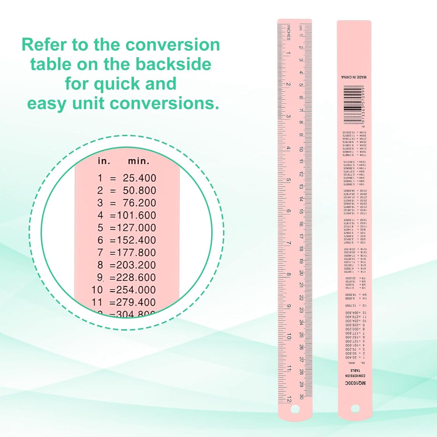 PATIKIL 30cm/12 Metal Ruler, 2 Pack Aluminum Alloy Rulers with Centimeters, Millimeters, Inches and Conversion Table Straight Edge Ruler for Writing Machinist Drafting, Pink