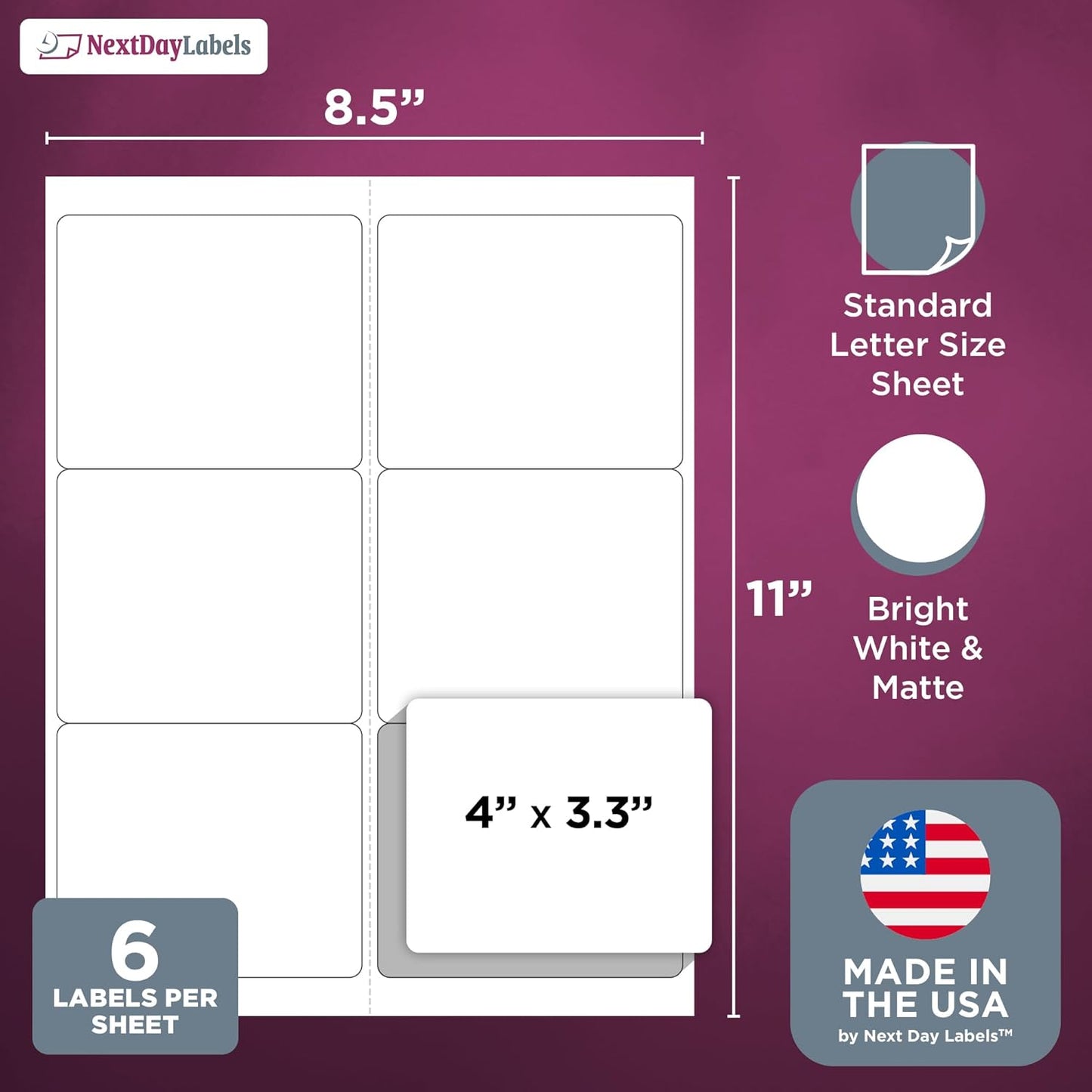 NextDayLabels – 4" x 3-1/3" Rectangular Sticker Labels for Printer - White Laser/Inkjet Printer Labels Return Address Labels Shipping Label Stickers (100 Sheets, 6 Per Sheet, 600 Labels)