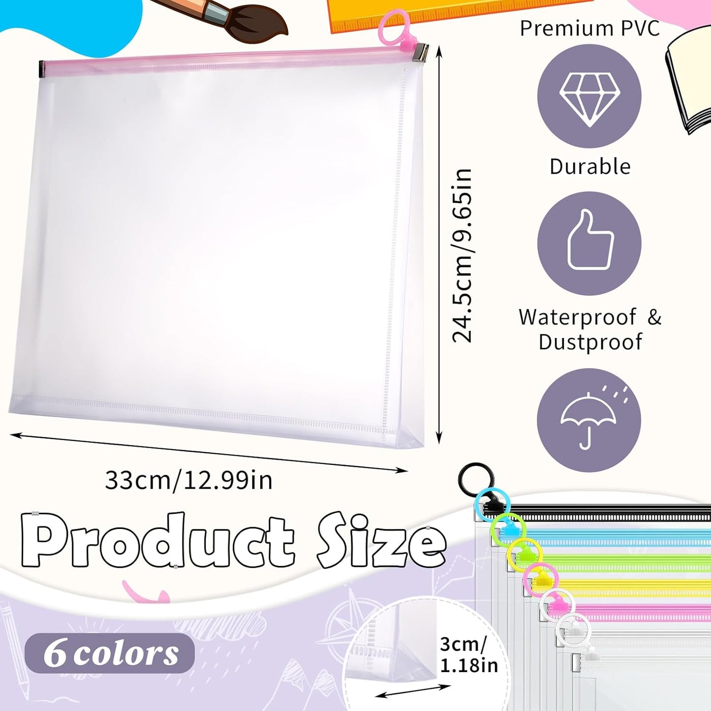 Yexiya 30 Pcs Back to School Clear Plastic Zip Envelope A4 Zipper Document Folder 13 x 9.7In File Folder Expanding Envelope Pouch for Paper Pencil Storage Office Supplies (Stylish Colors)