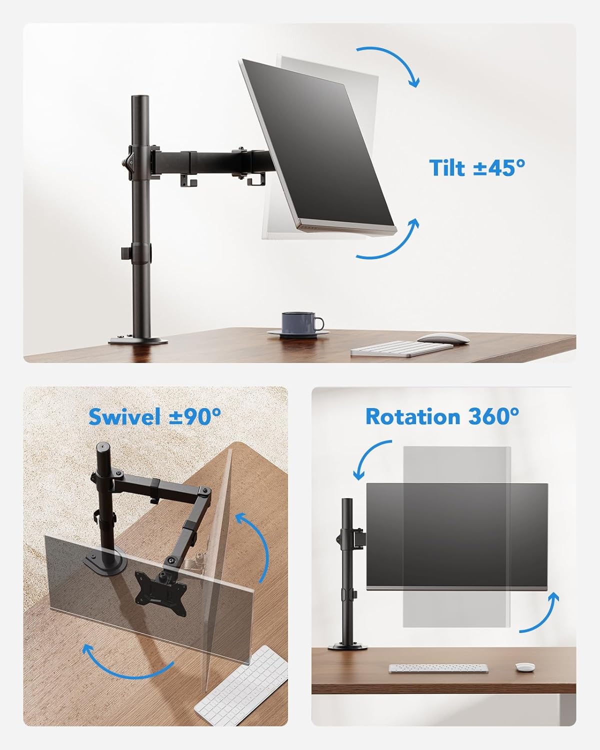 HUANUO Single Monitor Mount, Monitor Arm for 13”-32” Monitors up to 17.6 lbs, Adjustable Stand with 16” Max Height, Desk Mount with C-Clamp and Grommet Base, VESA 75x75mm or 100x100mm