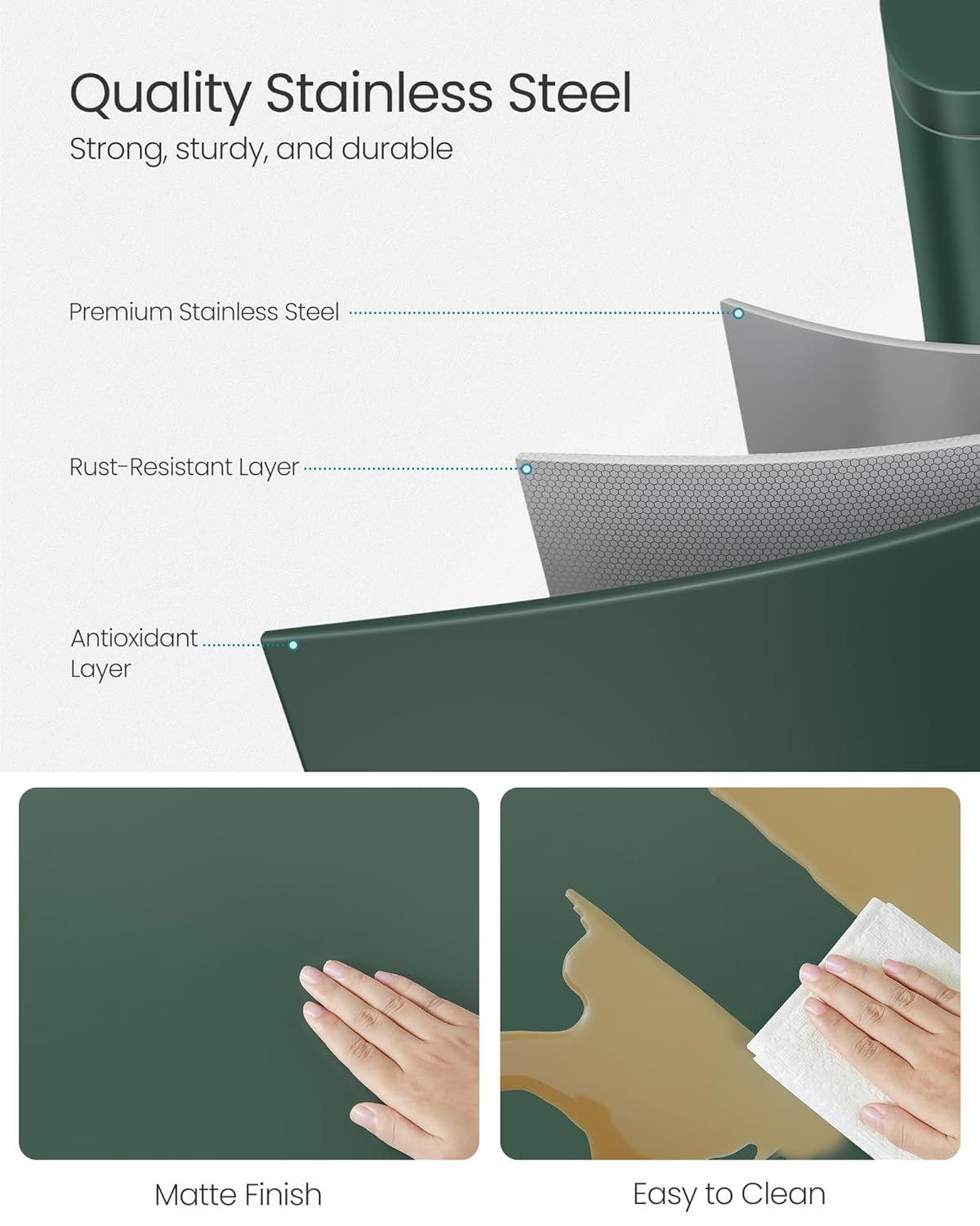 SONGMICS 13 Gallon (50 L) Trash Can, Stainless Steel Kitchen Garbage Can, Recycling or Waste Bin, Soft Close, Step-On Pedal, Removable Inner Bucket, Retro Green ULTB050C01