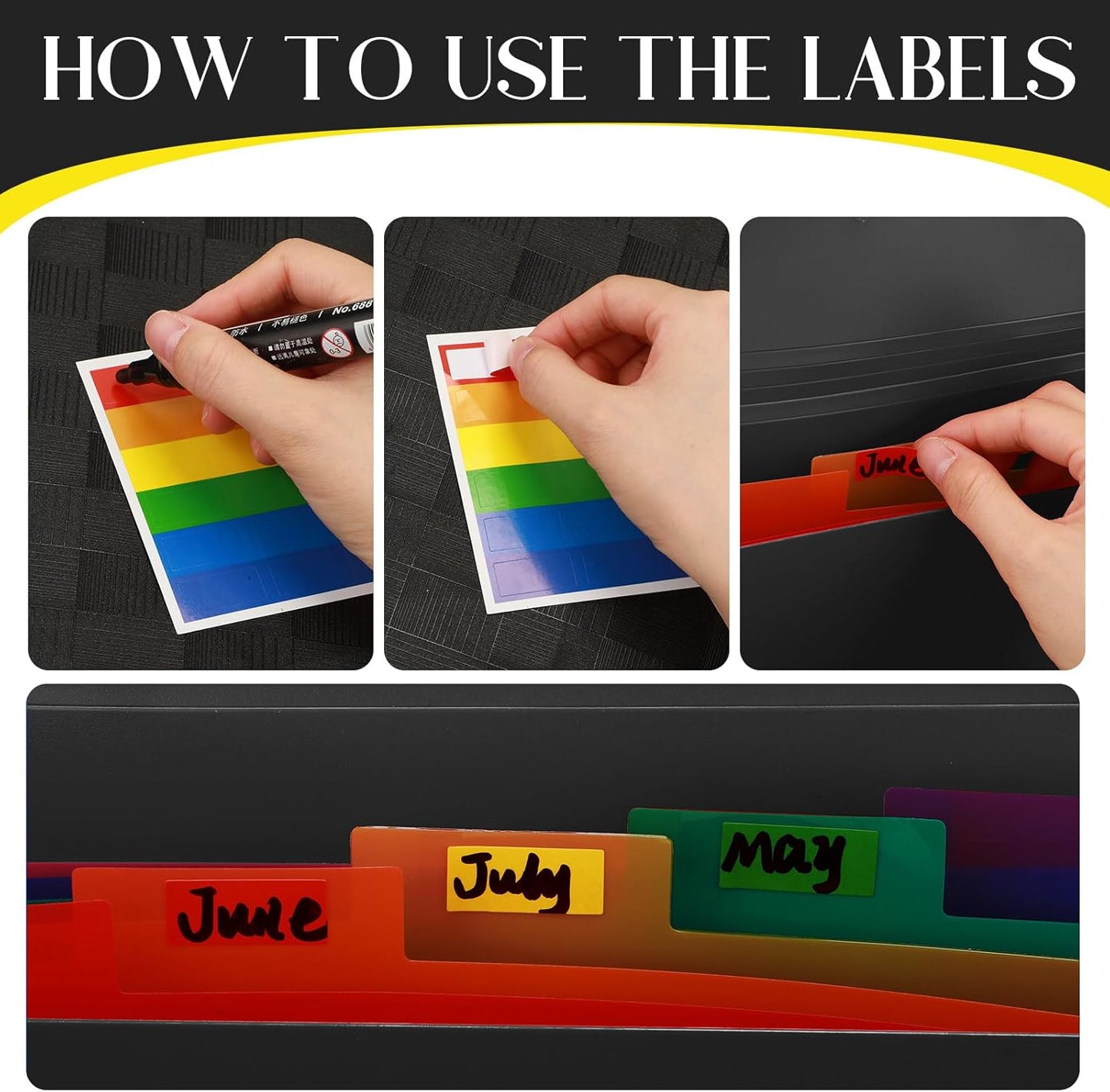 Glenmal 10 Pcs 7 Pocket File Folders File Organizer Expanding Folder with Labels Plastic Expandable Folder Pocket Folder A4 Letter Size Paper Organizer Folder for Office(Black)