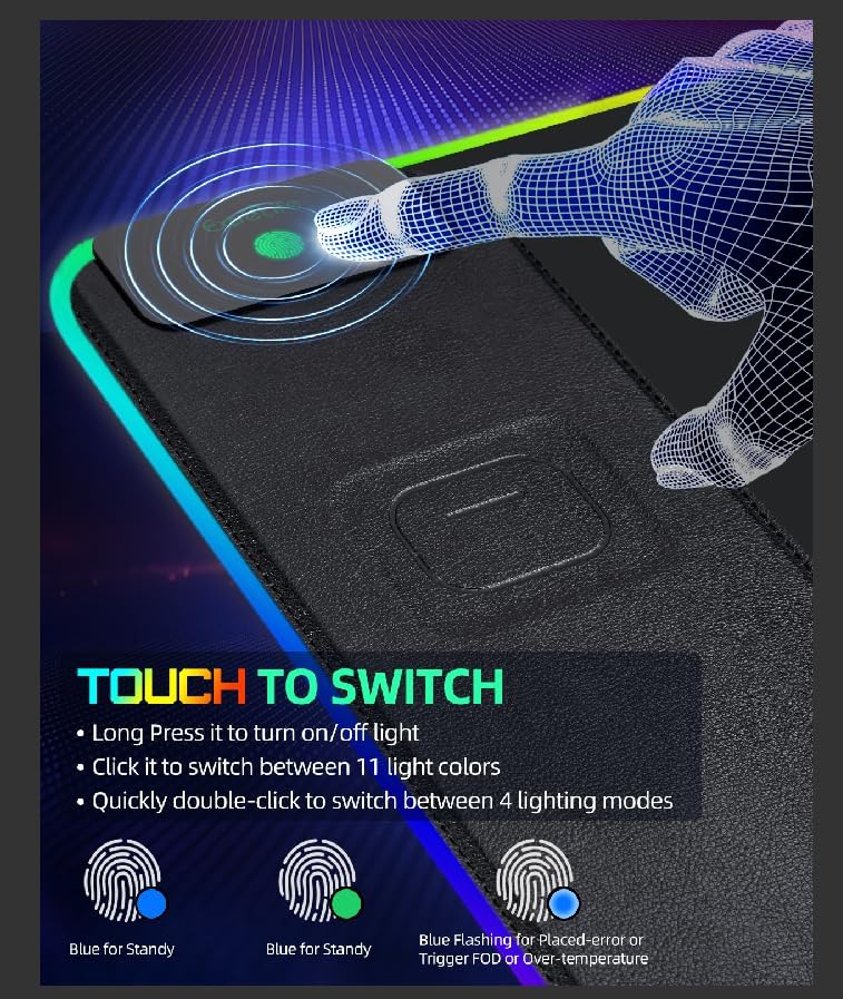 Upgraded Mouse Pad with Wireless Charging, RGB Gaming Desk Mat, 31.5"x15.7" Large XXL Desk Pad, 15 Light Modes, Ultra-Smooth Surface, Non-Slip Mouse Mat, Waterproof Computer Keyboard Pad, Black