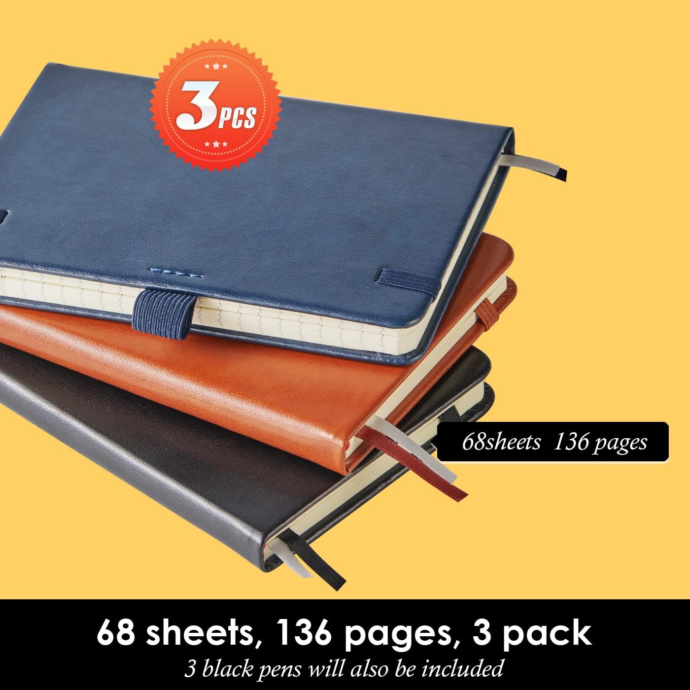 3 Pack Pocket Notebook Journals, Small Notepad Notebooks for Note Taking, A6 Mini Note pads with Pen Holder, 408 Lined Pages, 3.7" x 5.7", Black, Brown, Blue