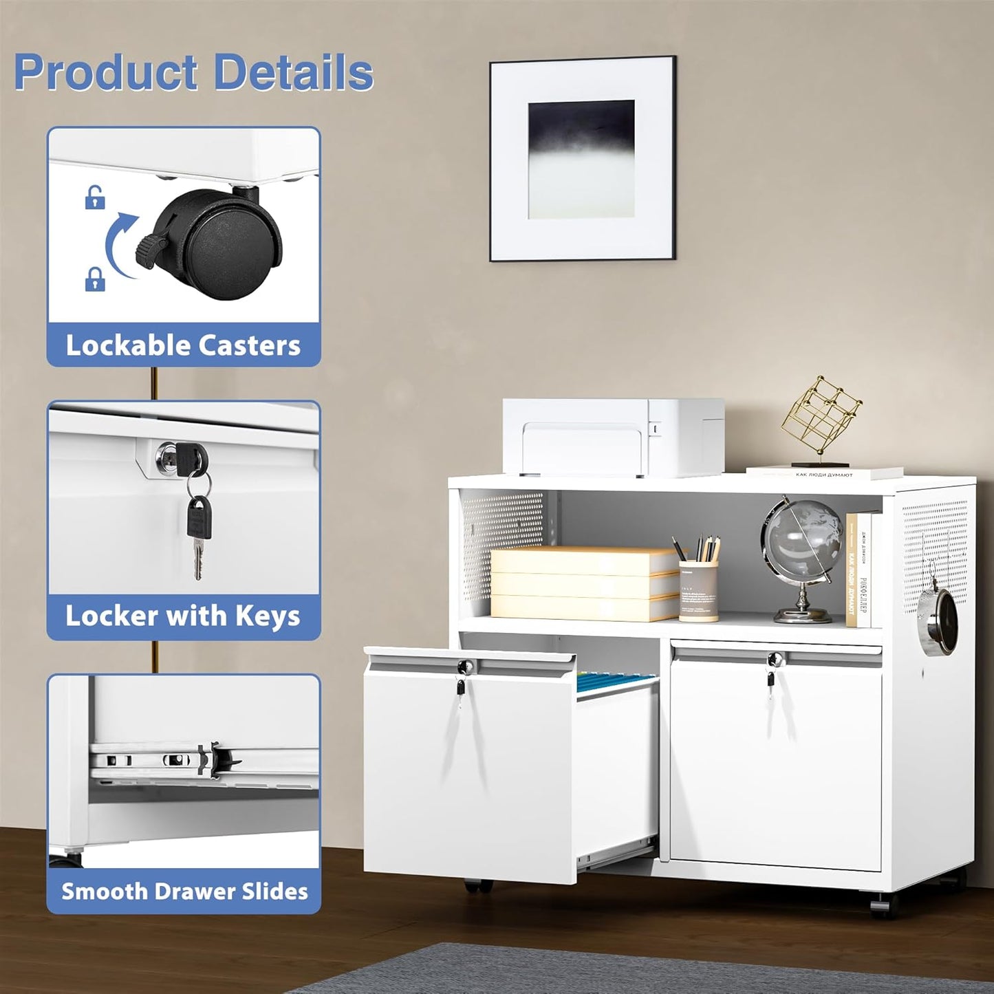 Metal File Cabinet,2 Drawer Lateral Filing Cabinet with Lock,Rolling Printer Stand Storage Cabinets with Shelves for Home Office Letter/Legal/A4 Size Files(White)