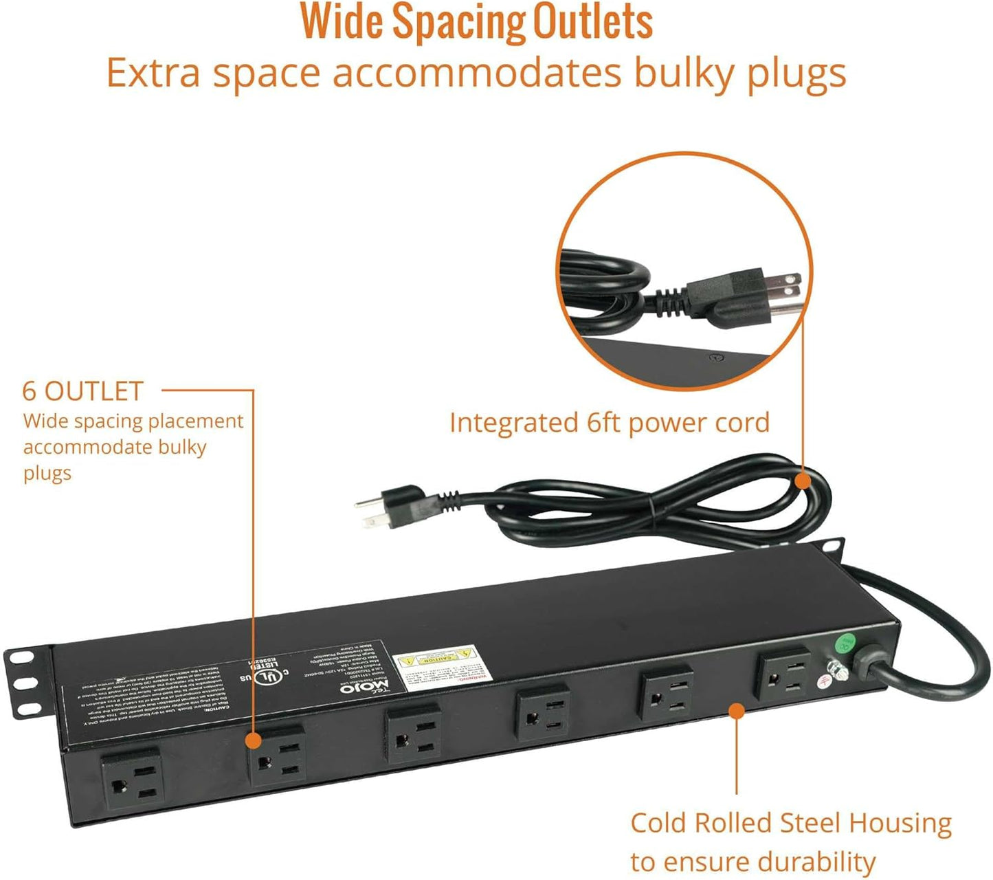 Tecmojo 1U Rackmount Network-Grade PDU Surge Protector Power Strip, 12 Outlets (6 Front, 6 Rear Wide Spaced) 12A 6ft Cord with 5-15P Lug - Black, UL Certified