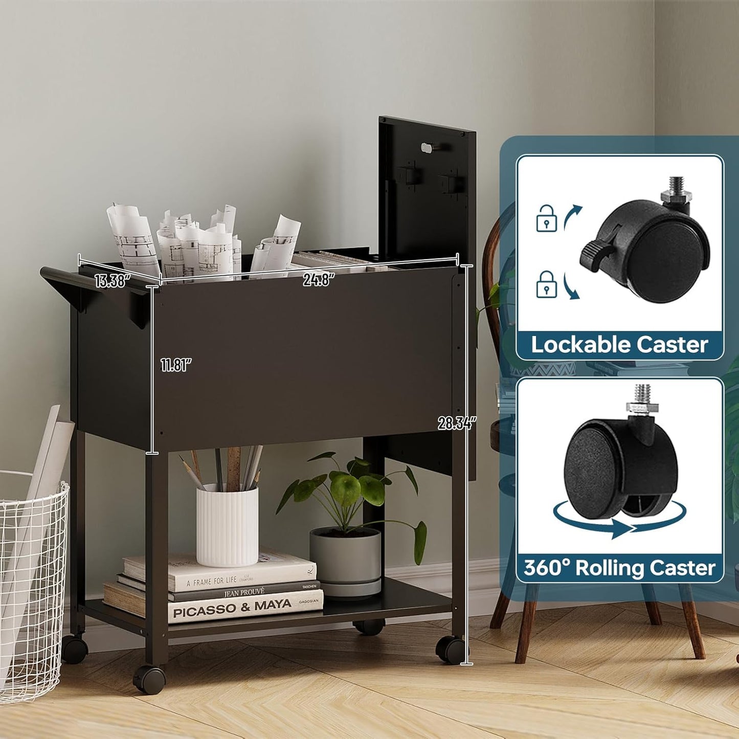 Mobile File Cart with Lock, Rolling File Cabinet Hanging Letter/Legal Size with Lockable Sliding Cover, Office File Organizer on Wheels