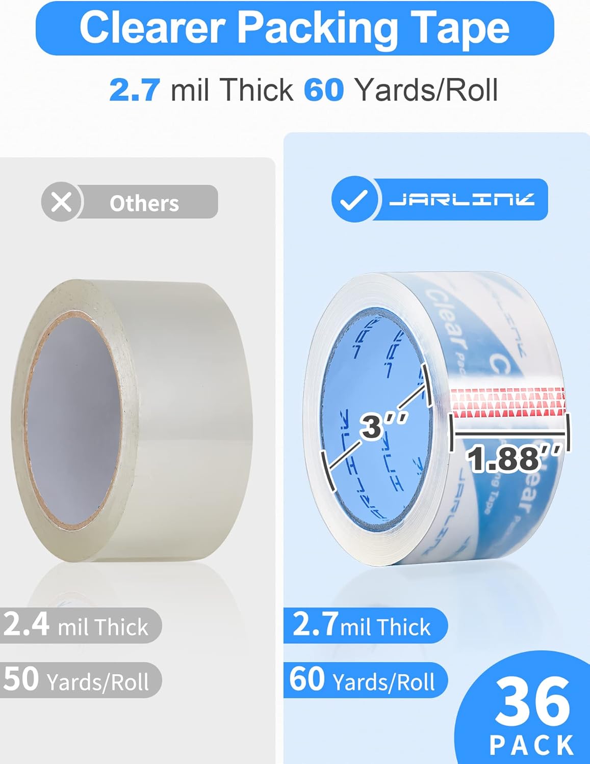 JARLINK Clearer Packing Tape 36 Rolls, Heavy Duty Packaging Tape for Shipping Packaging Moving Sealing, 2.7mil Thick, 1.88 inches Wide, 60 Yards Per Roll, 2160 Total Yards