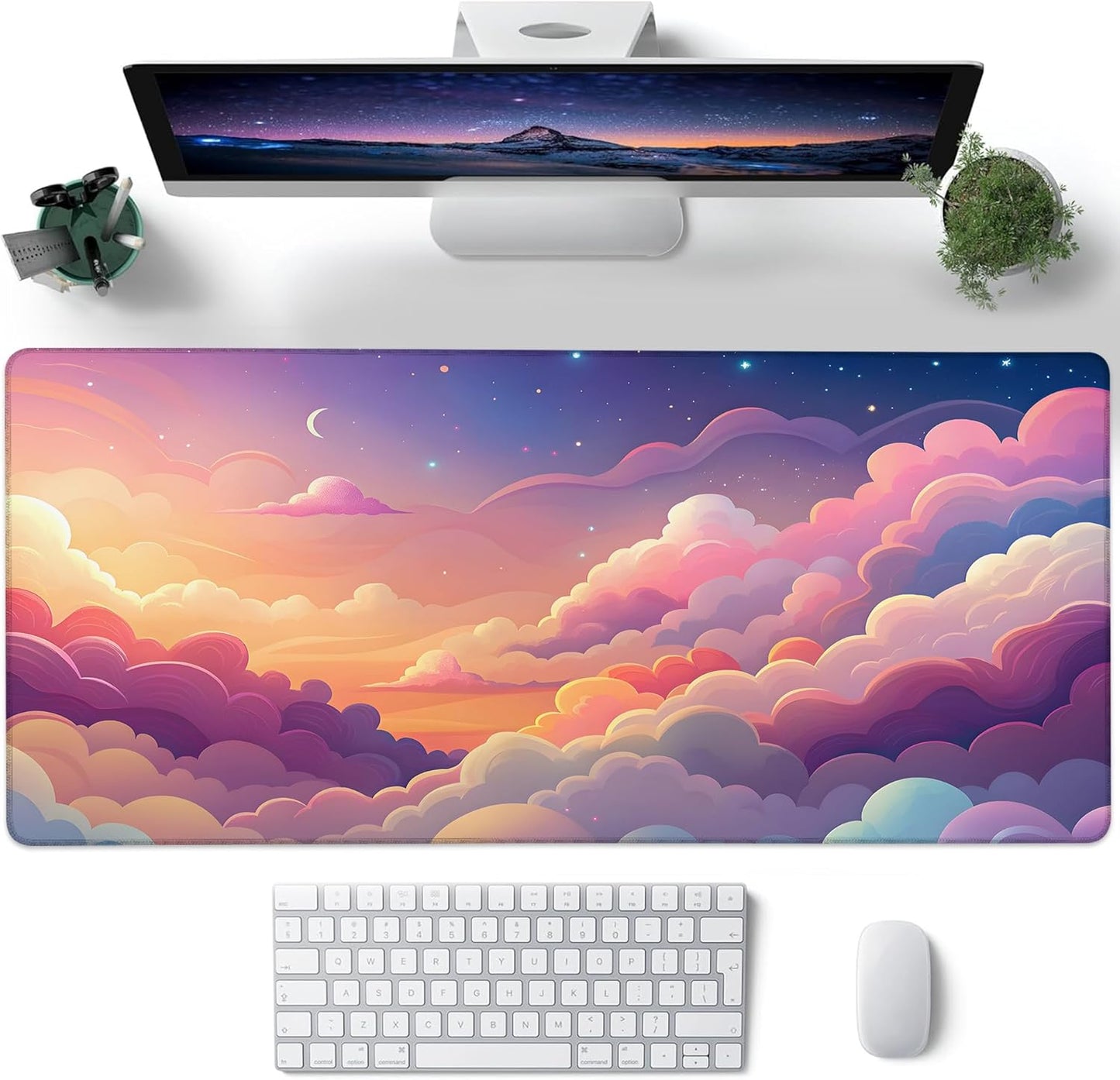 Desk Mat, Kawaii Moon Cloud Star Sunset Sky Large Gaming Mouse Pad with Non-Slip Base Stitched Edges,Desk pad for Keyboard and Mouse Home Office 35.4"x15.7"