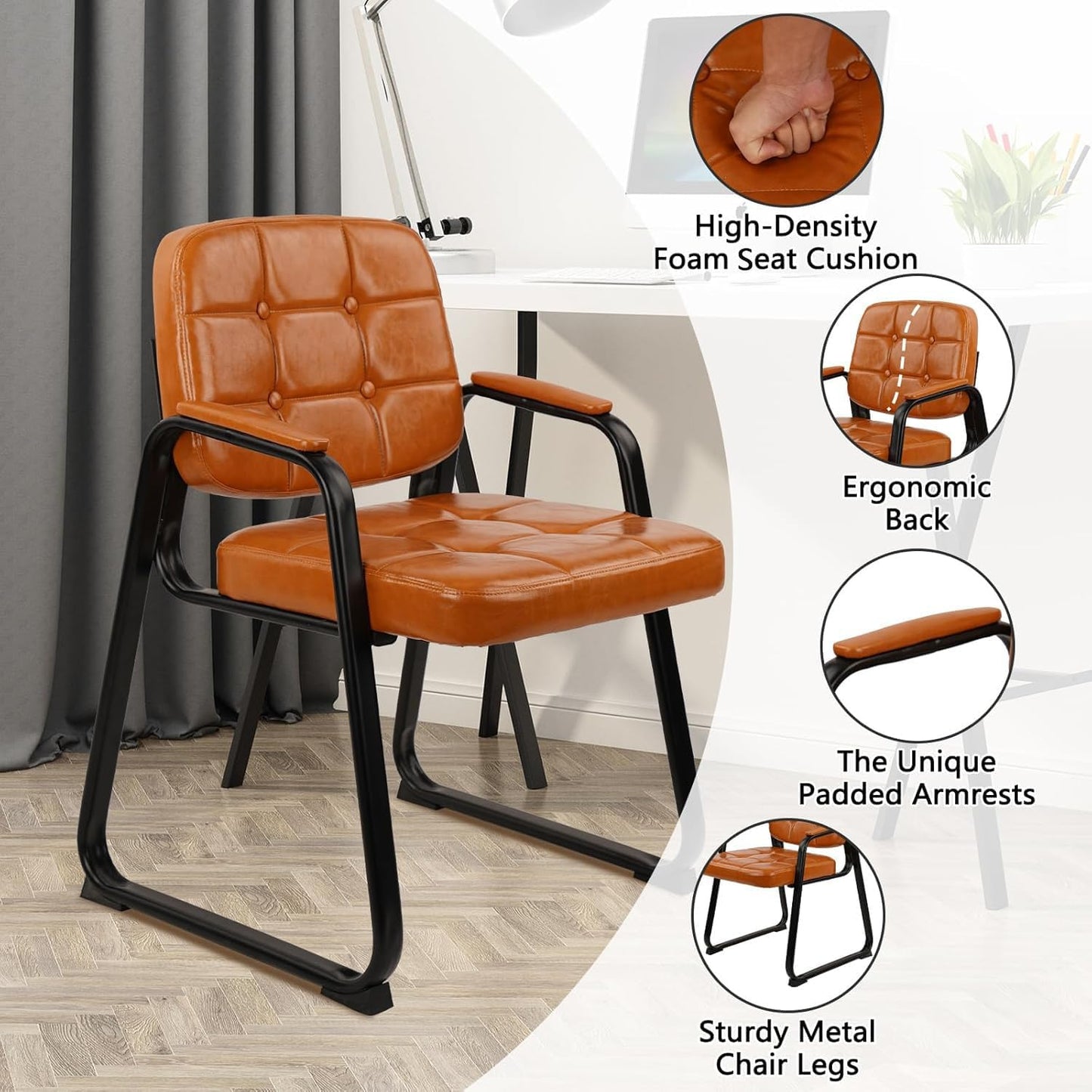 CLATINA Office Guest Chair, Leather Reception Chairs with Padded Arms, Desk Chair No Wheels Stationary for Conference Lobby Waiting Room Training Side Elderly, Set of 2-Orange