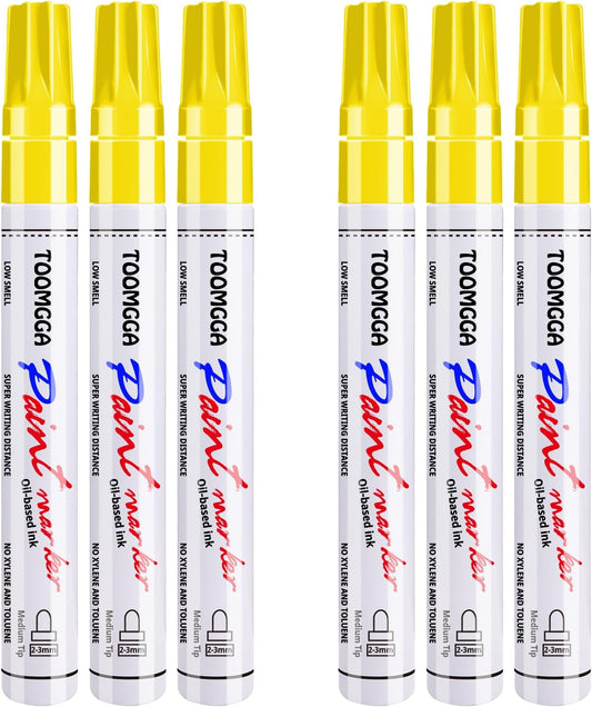 Yellow Permanent Paint Pens Paint Markers - 6 Pack Oil Based Markers, Quick Drying and Waterproof Marker Pen, Car Tire, Metal, Rock Painting, Wood, Ceramic, Plastic, Canvas, Mugs, Medium Tip