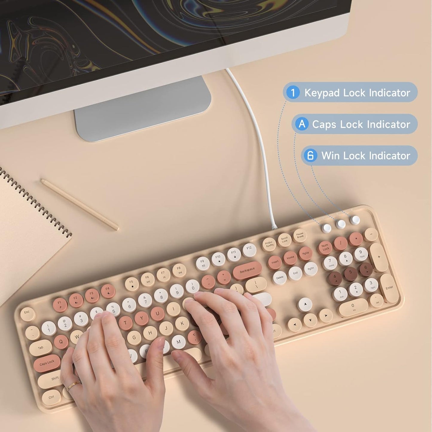 Wired Keyboard, 104 Keys Full-Sized Typewriter Keyboards, USB Plug and Play Office Keyboard with Number Pad, Caps Indicators, Foldable Stands for Windows, PC, Laptop, Desktop (Milk-Tea)