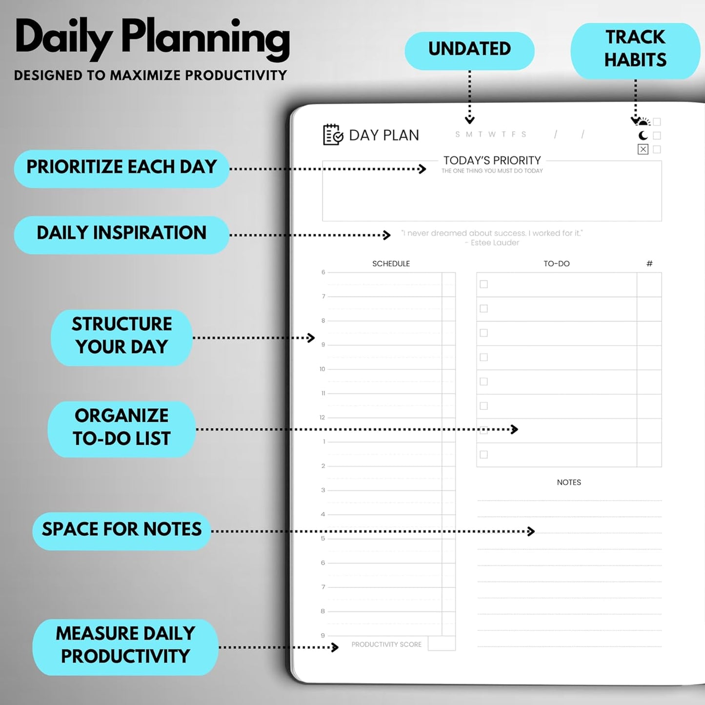 Undated Daily Planner – 6-Month A5 Productivity Organizer with Full Page Per Day, Hourly Schedule, Goal Setting, Habit Tracker, Weekly & Monthly Pages – Hardcover Time Management Notebook (Turquoise)