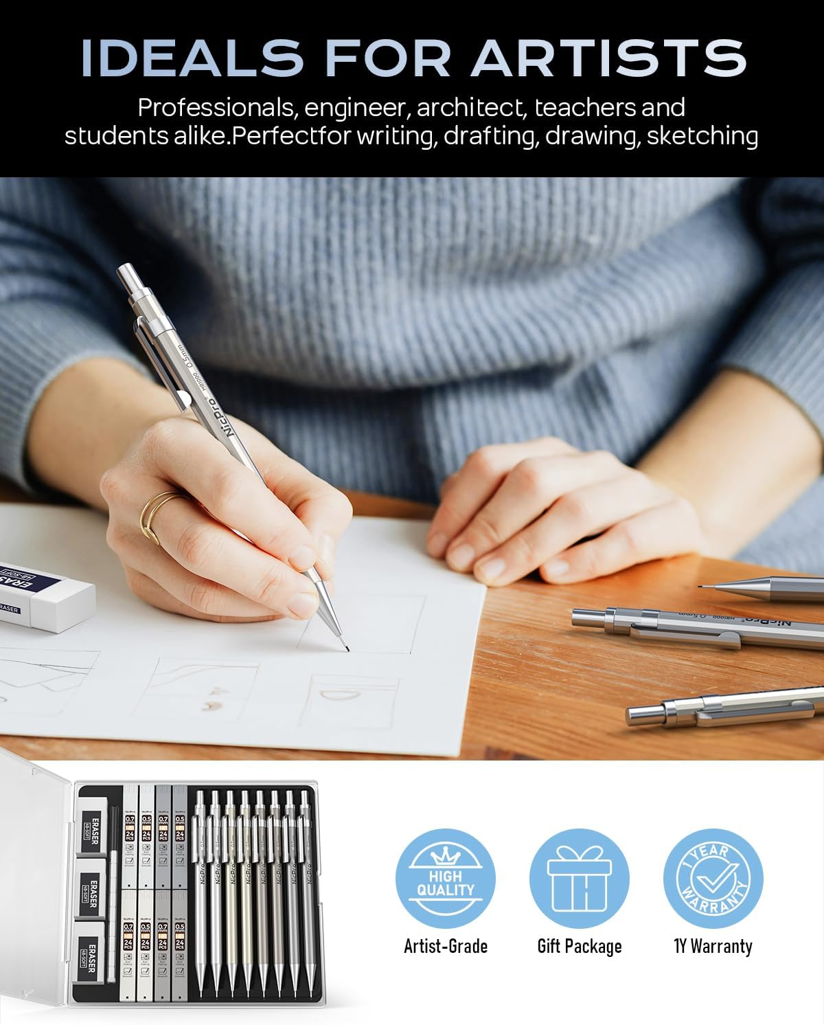 Nicpro 8 Pack 0.5mm & 0.7mm Metal Mechanical Pencil Set, MB1000 Lead Drafting Pencil for Artist Writing, Sketching, Drawing with 8 Tubes HB Lead Refills, 3PCS 4B Eraser, 9PCS Cap Eraser - With Case
