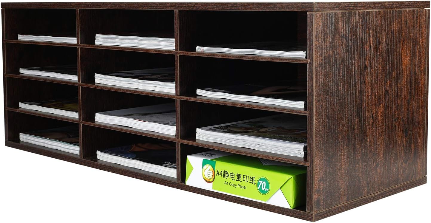PAG Mail Sorter, Wood Countertop Literature Organizer, Student Mailbox for Classroom, Desktop Bill Paper Organizer for Office Home School, 12 Compartments, Brown