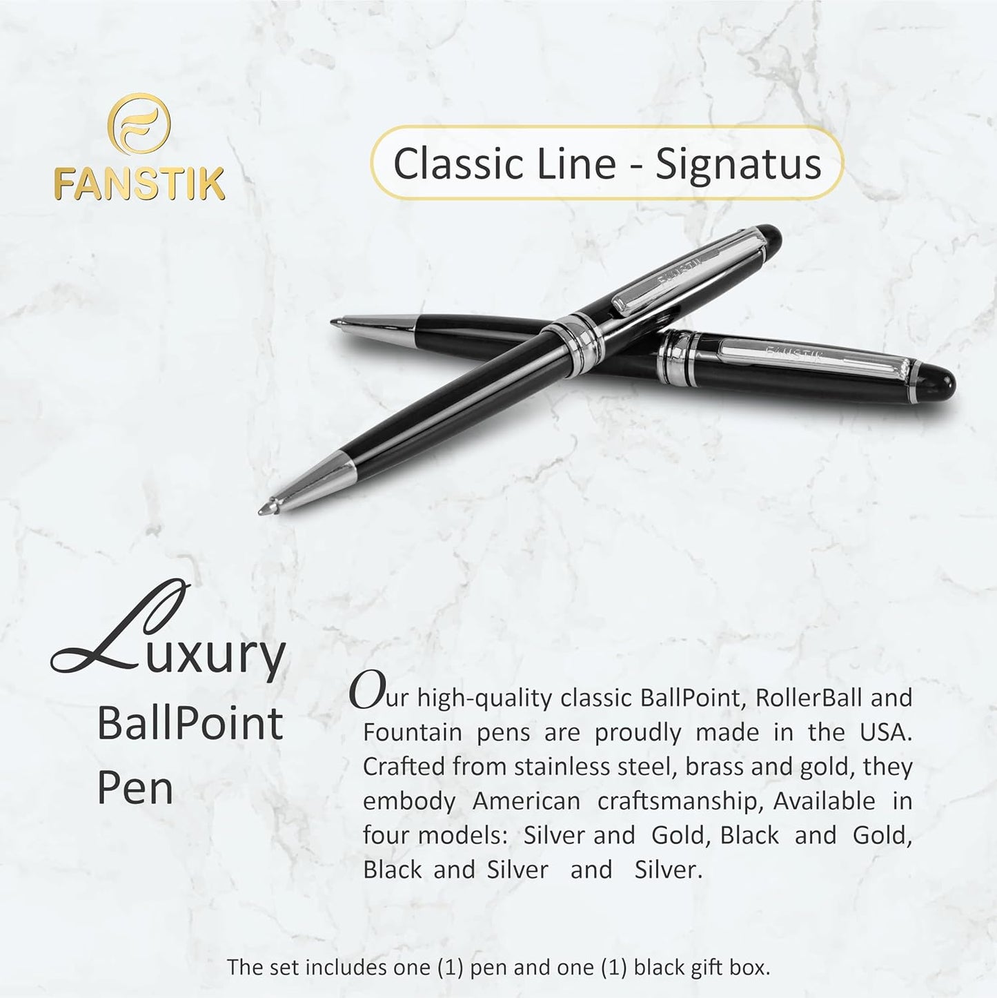 Customized BallPoint pen with name (MADE IN USA), stainless steel, black and silver, luxury engraved pen personalized for men and for women. (BallPoint Black-Silver)