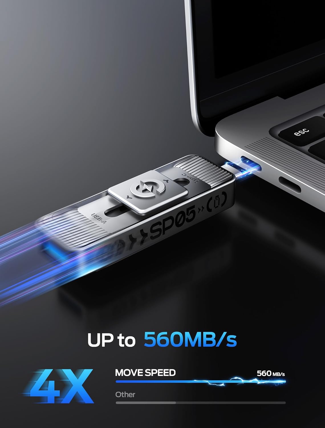 MOVE SPEED 256GB Solid State Drives with Dual Ports & Push-Pull Design — 560MB/s Read Speed, Type C + USB 3.2 Drive Portable ssd for iPhone 15/16/Android/Mac