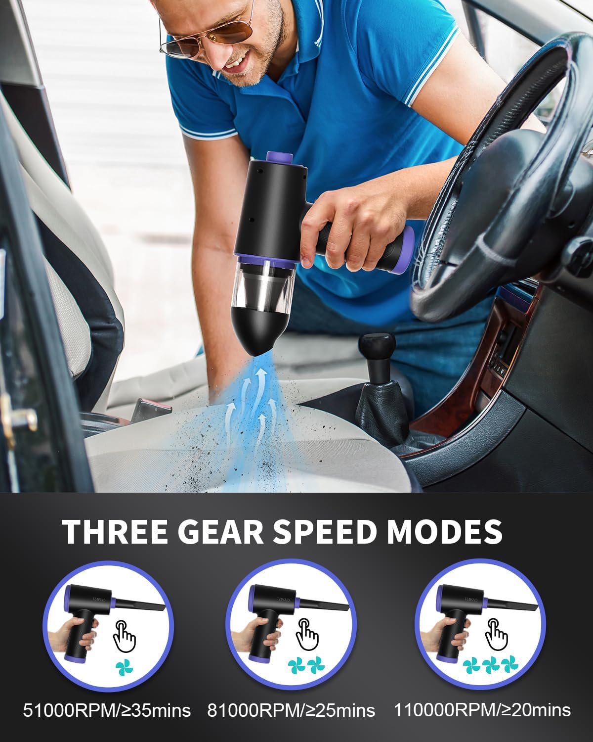 CLEVAST Compressed Air Duster - 3 Gear 110000RPM Electric Air Duster, 3 in 1 Versatile with LED - Cordless Dust Blower & Mini Vacuum & Inflating for PC, Computer, Keyboard, Rechargeable Canned Air