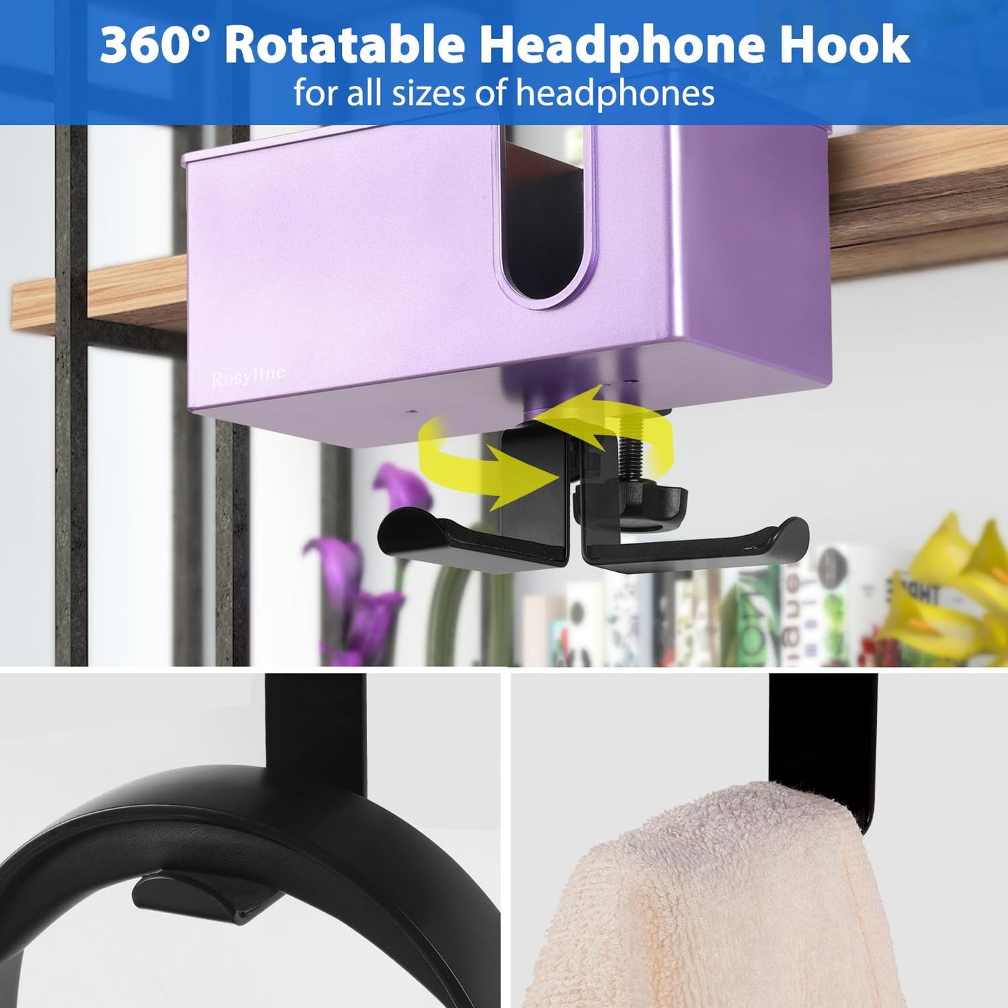 Rosyline 3-in-1 Clip-on Desk Organizer for Expanding Office and Gaming Space - Pen, Headphone, and Desk Item Holder (Purple)