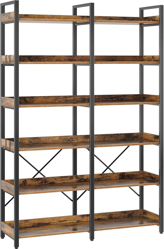 Seventable Bookshelf 6 Tier with 4 Hooks, 67” Industrial Wooden Bookcase, Vintage Storage Rack with Open Shelves, Rustic Standing Bookshelves Metal Frame 43.3” Wide Display Rack, Rustic Brown