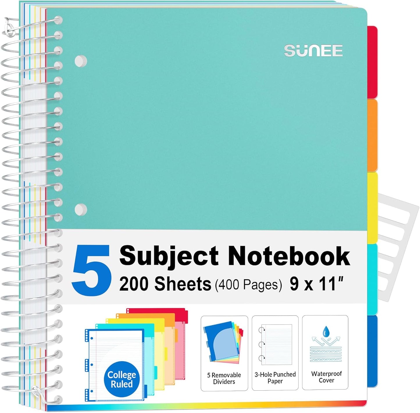 SUNEE 5 Subject Notebook College Ruled - 400 Pages, 9"x11", 5 Pocket Colored Dividers, 3-Hole Punched Paper, Teal