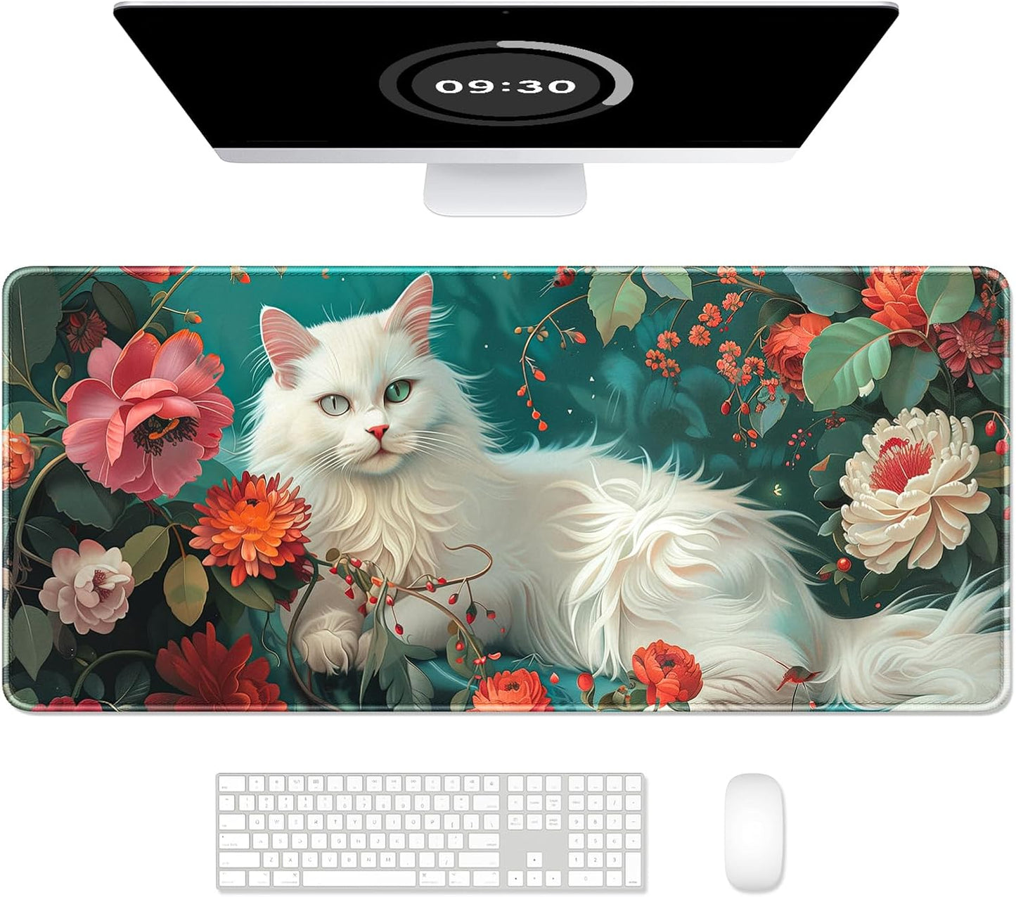 Auhoahsil Large Gaming Mouse Pad, Flower & Cat XXL 35.4 x 15.7 in Desk Pad Stitched Non-Slip Rubber Long Computer Mousepad Thin Extended Full Size Desk Mat for Desktop, Laptop, Wireless Mice