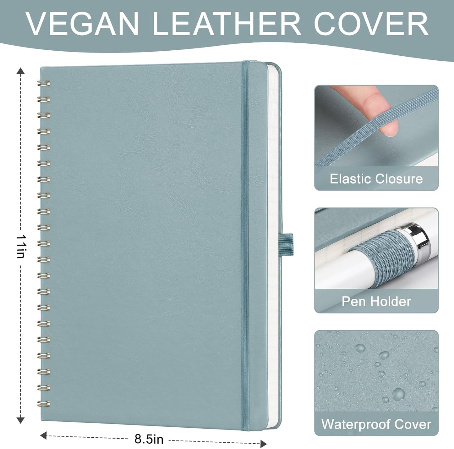 AHGXG Lined Spiral Notebook 8.5" x 11", A4 Large Notebooks for Women Men, Hardcover Leather Notebook College Ruled, 100 GSM Thick Paper, Notebooks for Work School Note Taking Writing, GrayBlue