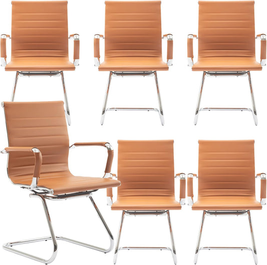 Office Desk Chair No Wheels Set of 6 PU Leather Computer Chairs Mid Back Guest Chairs for School Reception Conference Waiting Room, Terracotta