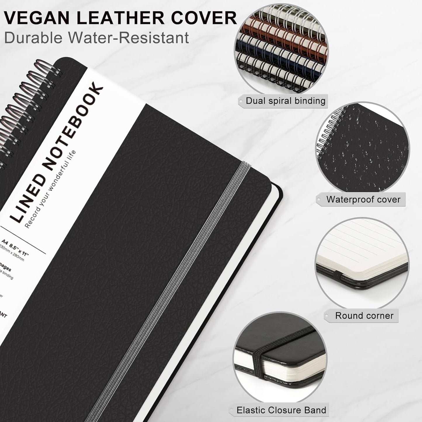 Lined Spiral Journal Notebook, A4 Hardcover Leather Notebook for Work, 8.5''×11'', 100GSM Thick Paper Spiral Bound Journaling Notebooks for Women & Men Office School Note Taking Business, Black