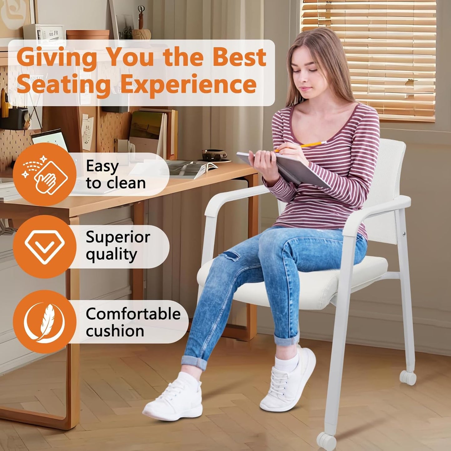 CLATINA Stacking Office Chairs with Wheels | Mesh Back, Thicken Leather Seat and Streamline Armrests, Ergonomic Lumber Support | School, Desk, Guest Reception, Waiting, Conference, White