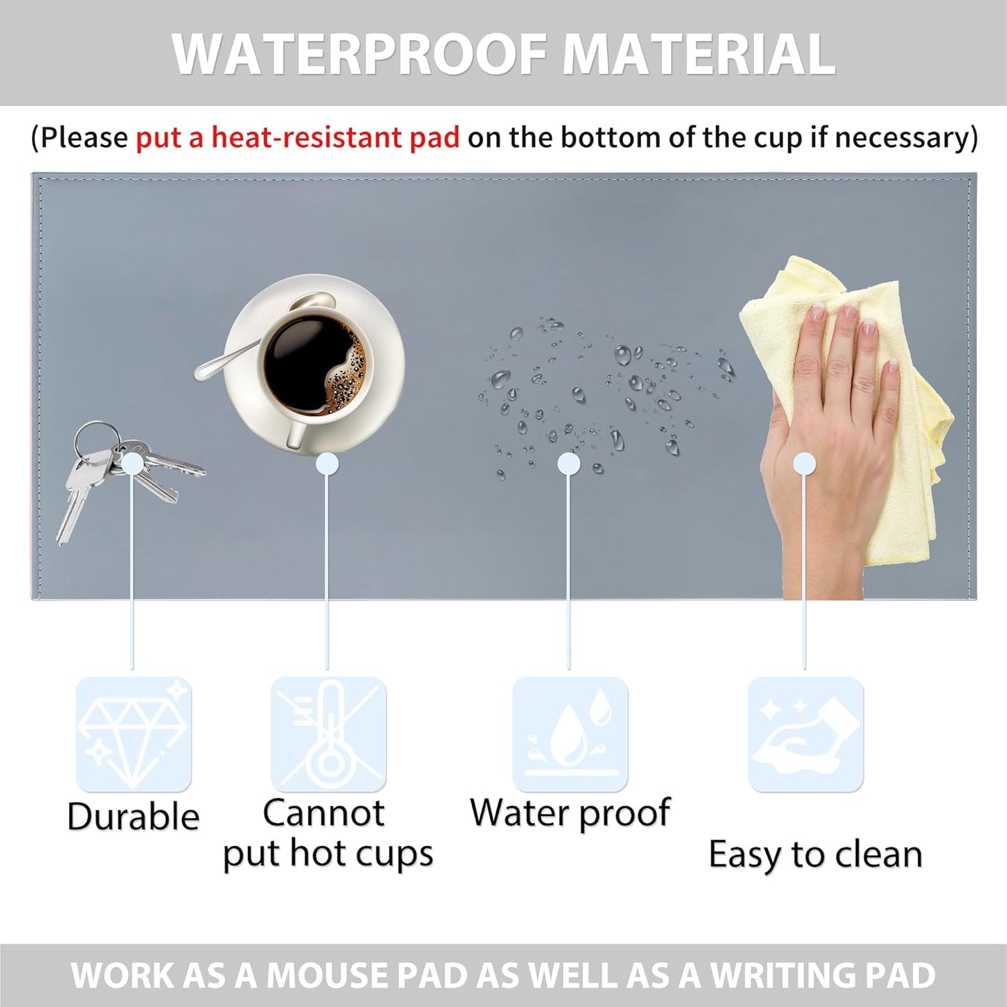 AKOZLIN 27.55”x 15.8" Soft PU Leather Surface Office Desk Mouse Mat Anti-Push Pad with Full Grip Fixation Lip Table Blotter Edge-Locked Protector Grey