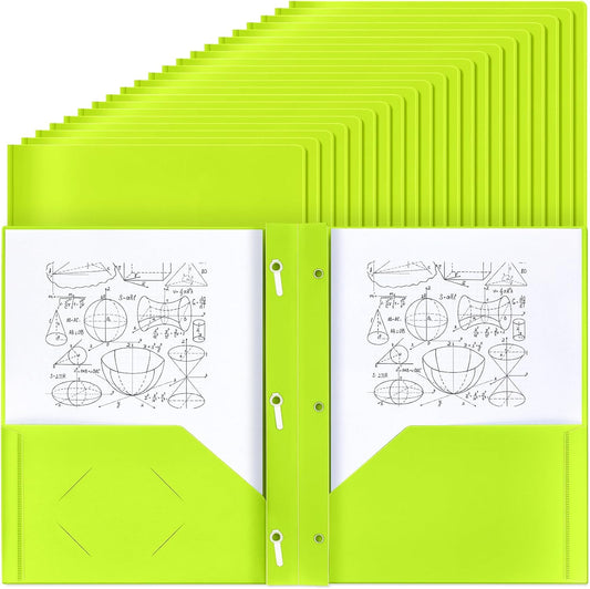 Lincia 100 Pcs Plastic Folders With 2 Pockets and Prongs for Office, School, Students, Teachers, Office Workers (Fluorescent Green)