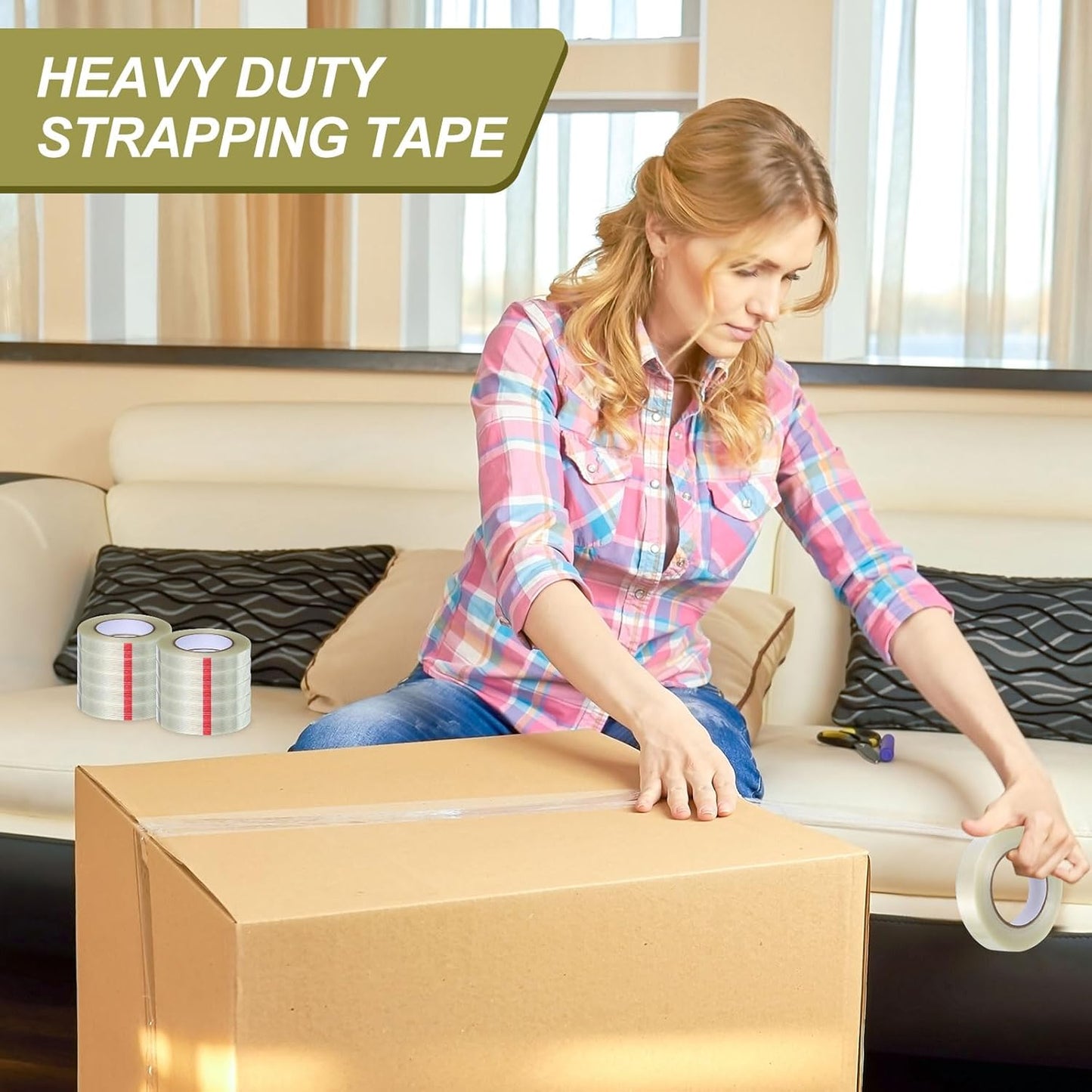 Treela 40 Rolls 1 Inch x 60 Yards Filament Strapping Tape 5.5 Mil Transparent Reinforced Fiberglass Heavy Duty Packing Shipping Tape for Sealing Binding Fixing