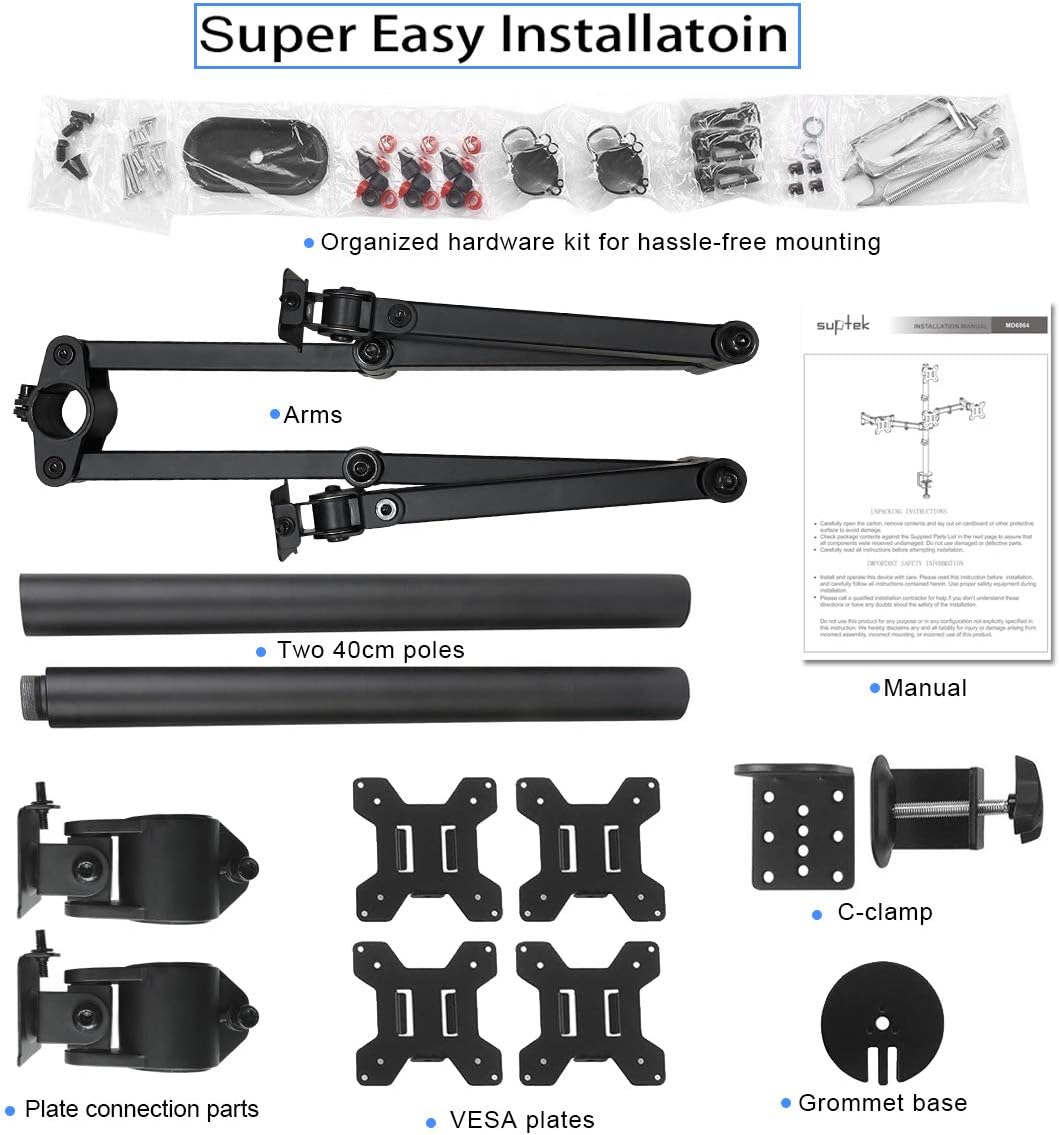 Suptek Quad LED LCD Monitor Stand up Desk Mount Extra Tall 31.5 inch Pole Heavy Duty Fully Adjustable Stand for 4 (3+1) / Four Screens up to 27 inch (MD6864)