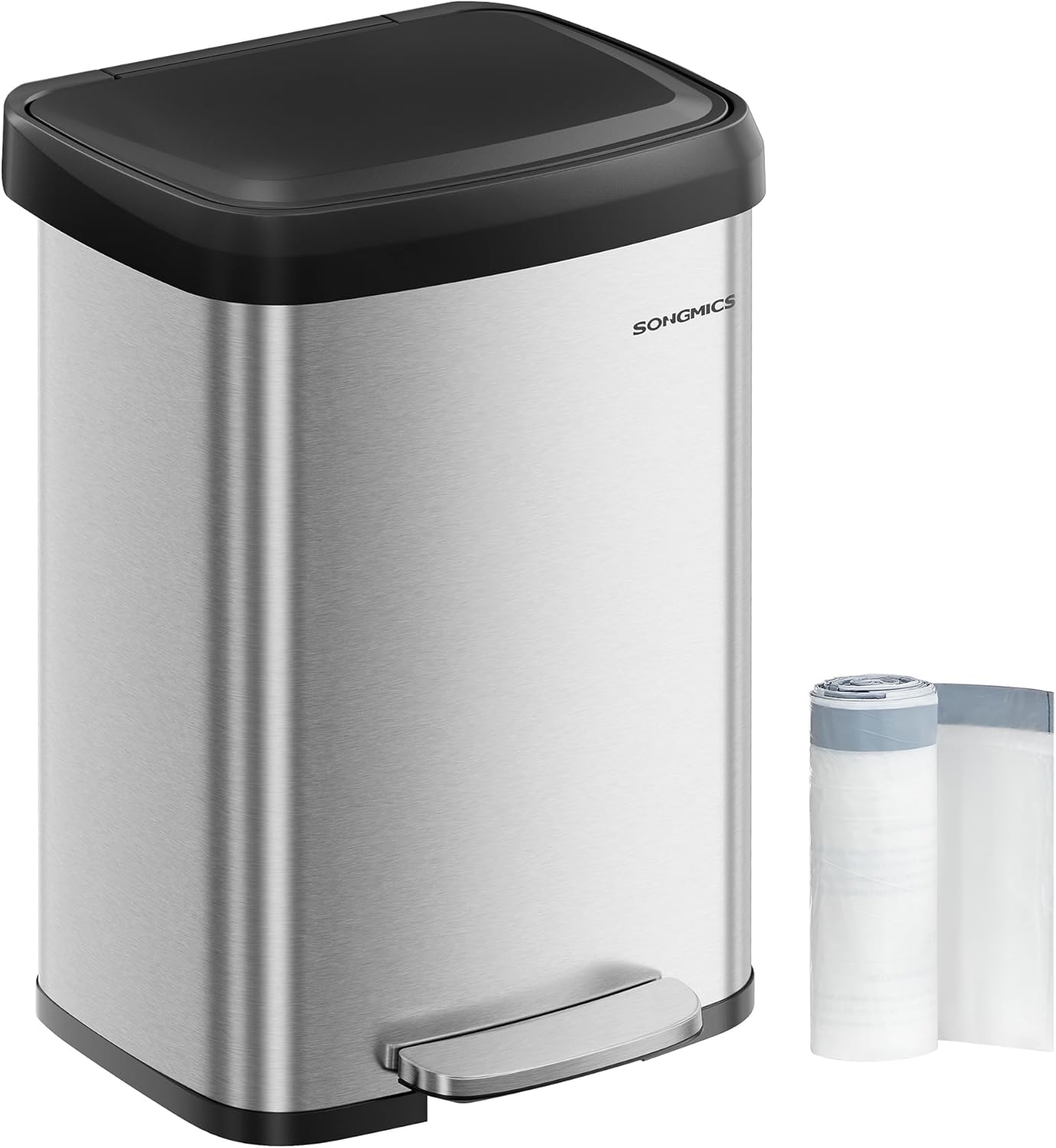 SONGMICS Kitchen Trash Can, 13 Gallon (50 L) Stainless Steel Garbage Can, with Stay-Open Lid and Step-on Pedal, Soft Closure, Tall, Large and Space-Saving, Silver and Black ULTB530E50