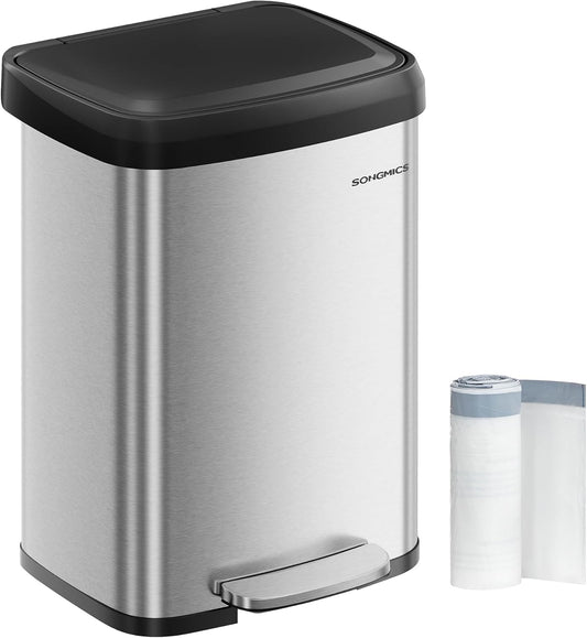 SONGMICS Kitchen Trash Can, 13 Gallon (50 L) Stainless Steel Garbage Can, with Stay-Open Lid and Step-on Pedal, Soft Closure, Tall, Large and Space-Saving, Silver and Black ULTB530E50