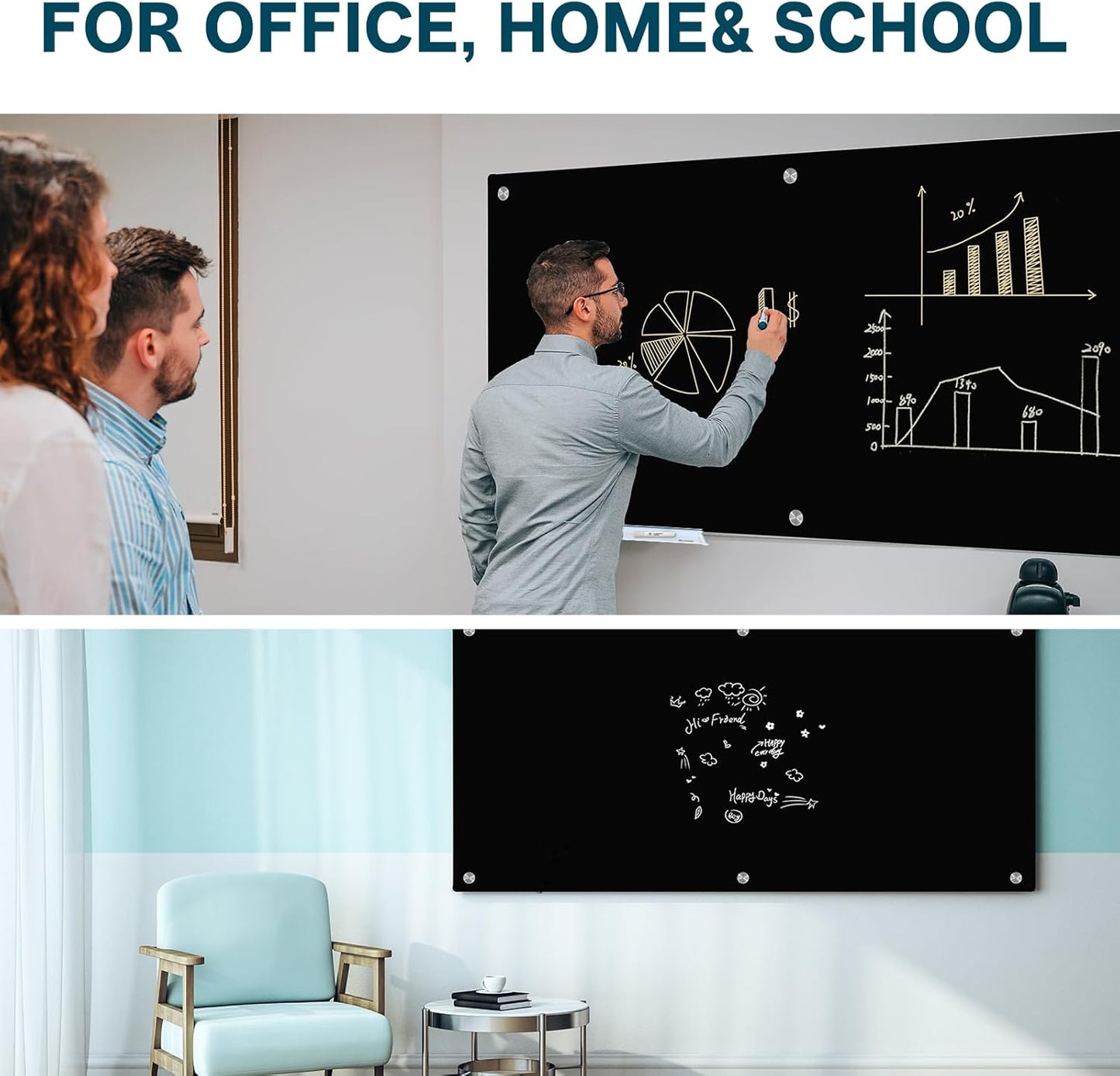 J&J worldwide Glass Whiteboard 6' x 4', Magnetic Black Glass Dry Erase Board, Black White Board Frameless, Includes Markers, Magnets, Marker Tray, Eraser for Wall, Office, Home, School