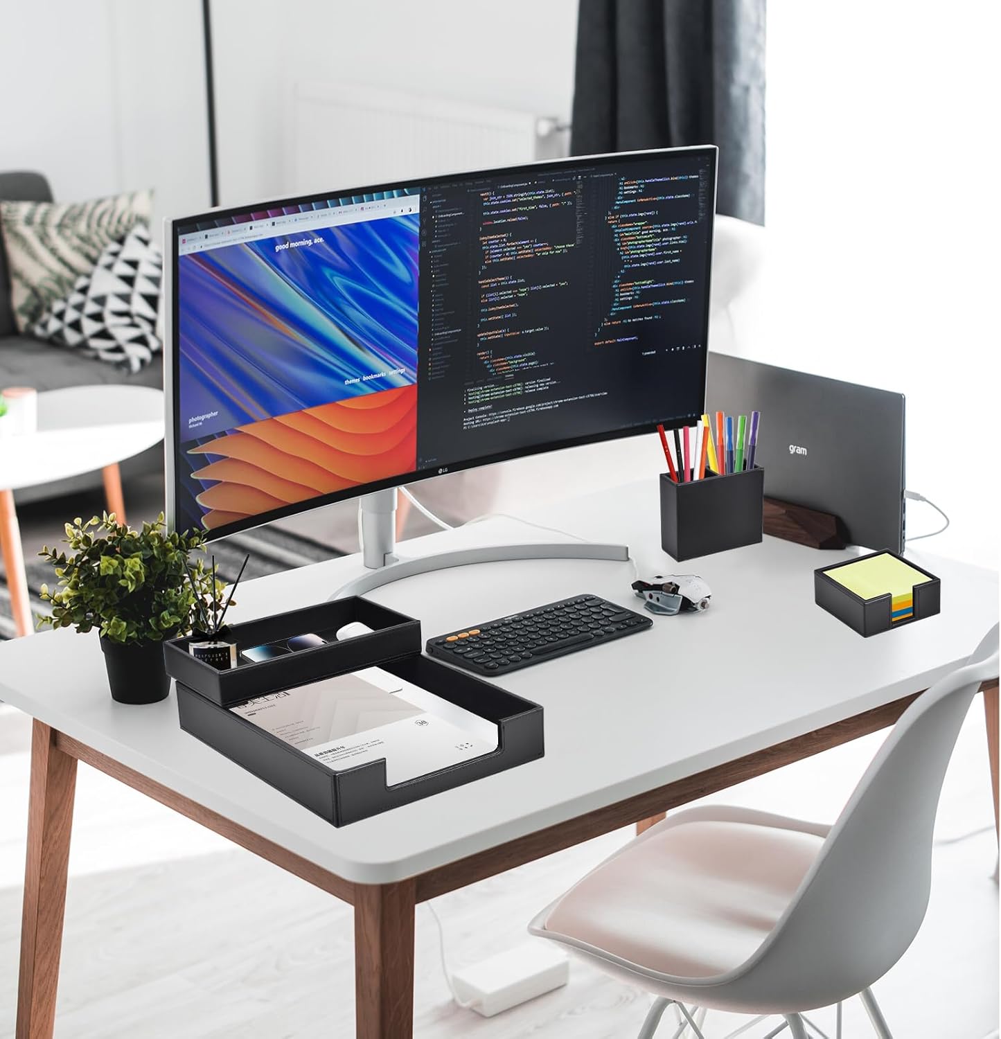 4 Pack Leather Office Supplies/Desk Organizer for Letter Paper Tray,Sticky Note Holder,Pen Cup,Stackable Small Letter Mail Sorter Tray,Workspace Decor for Women Men (Black, 4-piece set)