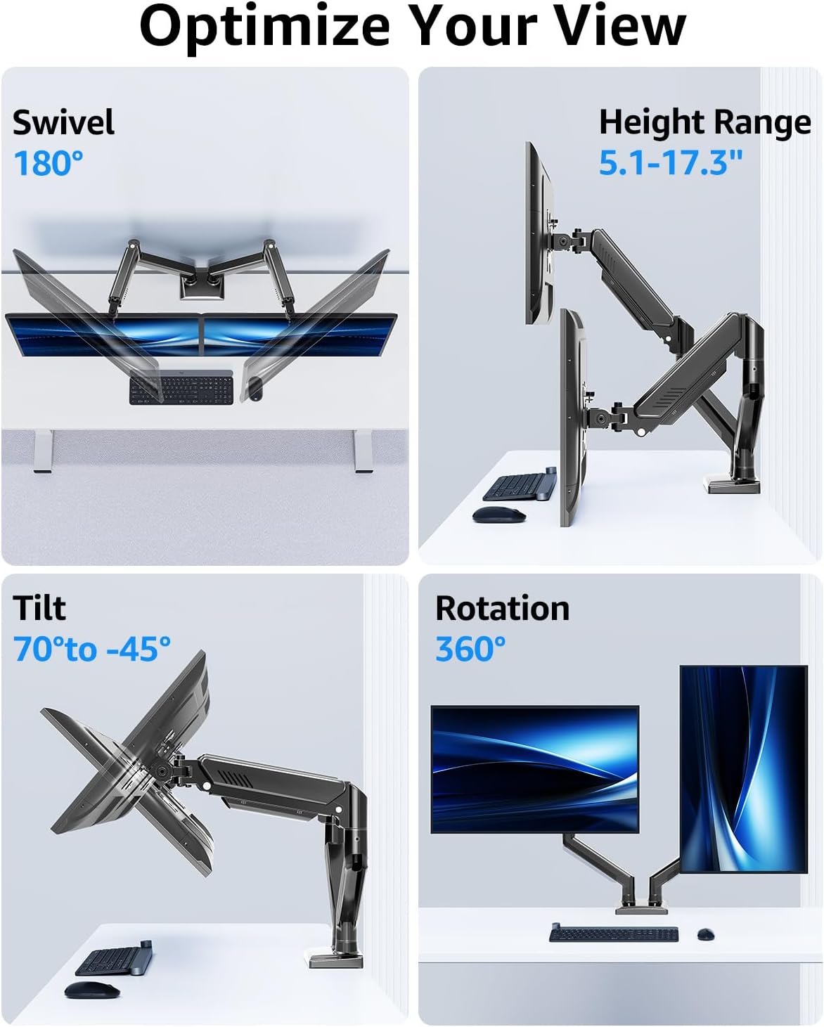 Dual Monitor Stand fits up to 32 inch, 4.4-22 lbs Computer Screens, Dual Monitor Desk Mount Height Adjustable, Monitor Arms for 2 Monitors, Home Office VESA Mounts with Gas Spring, Freelift Black