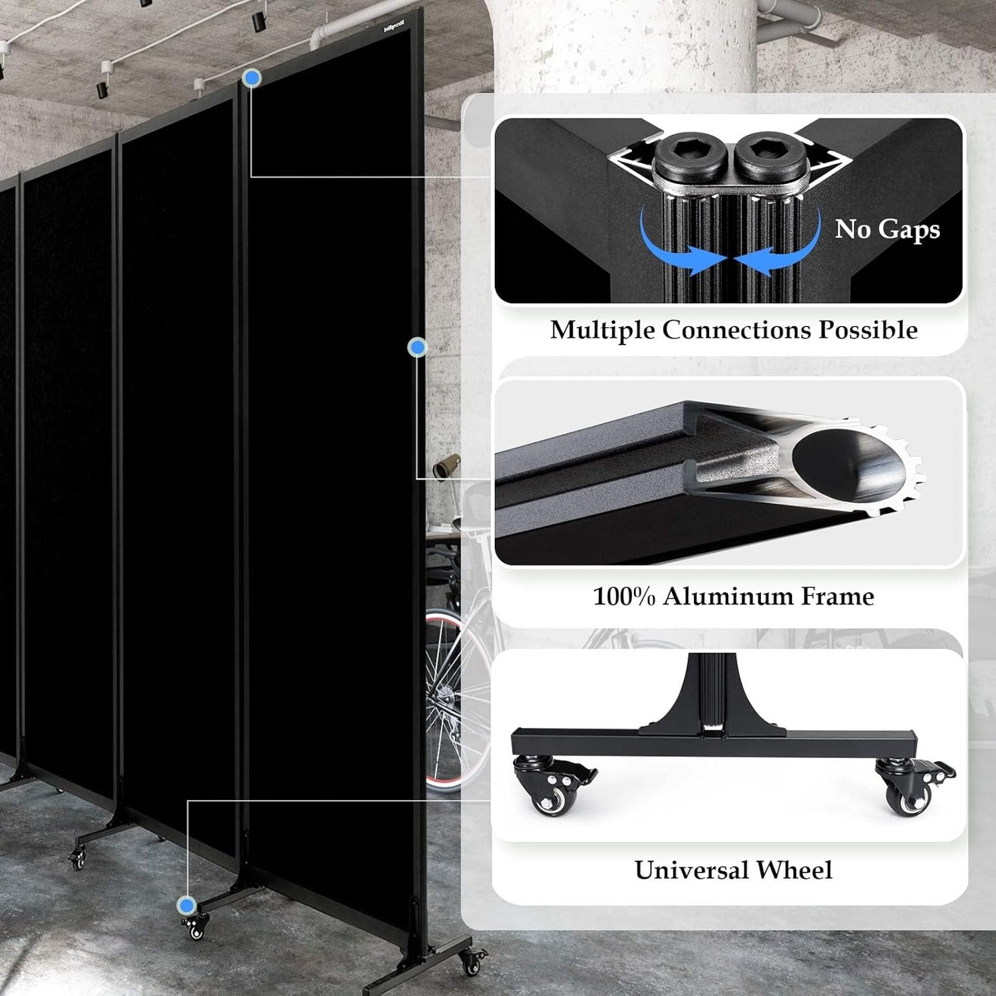 Upgrade Version Room Partition and Divider, Freestanding Rolling Dividers with Wheels,Office Privacy Screen Divider Wall,Classroom Felt Dividers,12'2"L* 6'7"H,6 Panel，Black