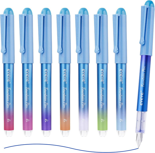 EYEYE Disposable Fountain Pens for Writing, Medium Point Stainless Steel Nib, Pack of 8 Assorted Colors