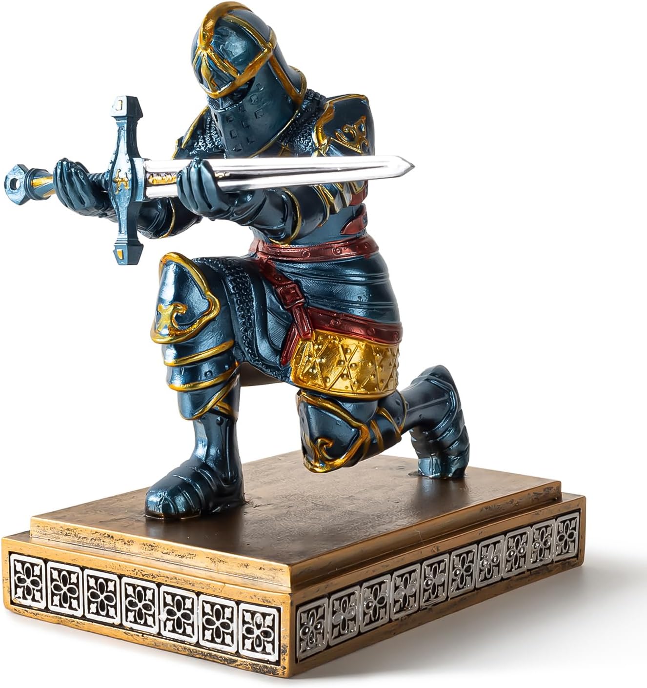 MACLARONX Kneeling Knight Pen Holder with Sword Medieval Warrior Fancy Pencil Stand for Office Desk Home Decor for Men Father Husband Armor Soldier Statue