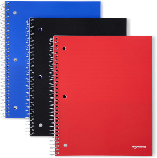 Amazon Basics 1 Subject Wide Ruled Spiral Notebook, Poly Cover, 100 Sheets, 8" x 10-1/2", 3 pack, Assorted Primary Colors
