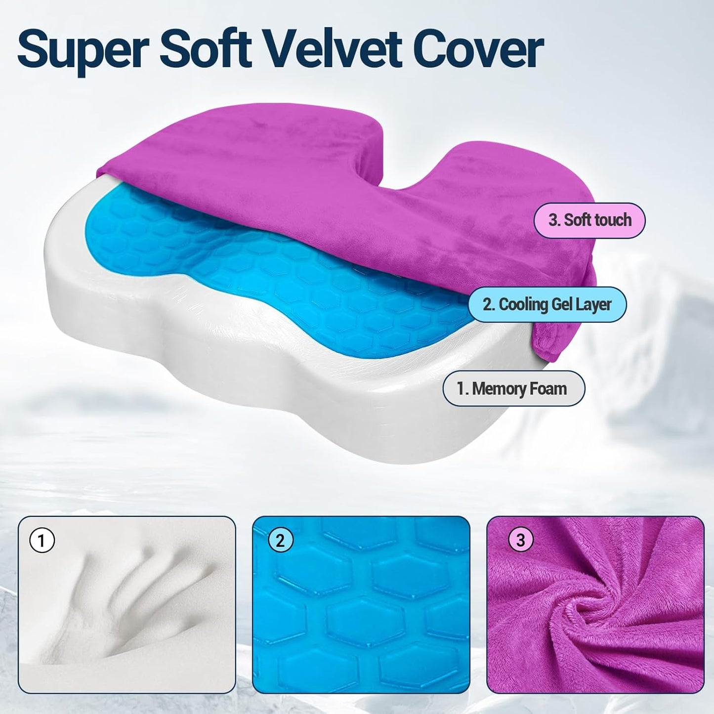 Gel Seat Cushion for Car Office - Memory Foam Pain Relief Chair Pillow Cushions - Tailbone Sciatica Coccyx Butt Lumbar Support Pad for Sitting Driving Traveling, Velvet, Purple