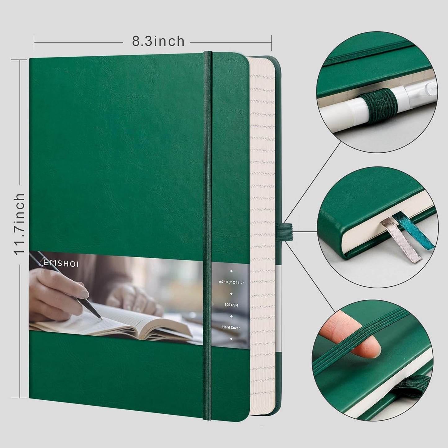 EMSHOI Lined Journal Notebook, 8.5" x 11" Hardcover Leather Journal for Women Men, 192 Pages 100 GSM Thick Paper A4 Large Journals for Writing, College Ruled Notebook for Work, Dark Green