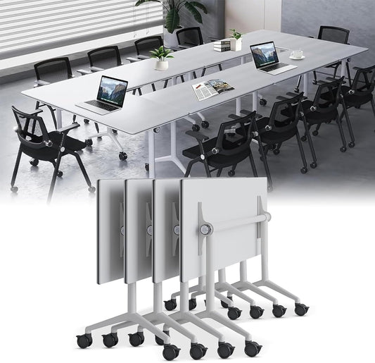 Conference Table, Folding Conference Desk Modern White, Seminar Table with Wheels, 2-10 People for Office, Meeting Break Room (4, 1915, 71IN)